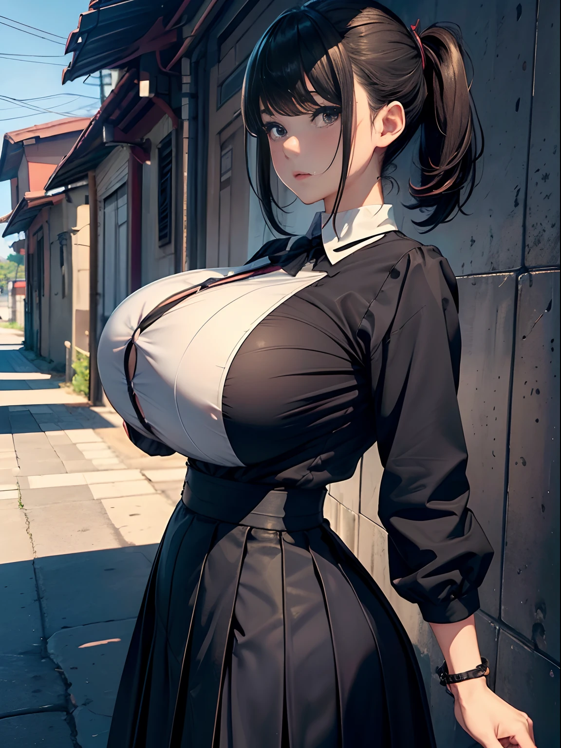 A teenage girl、(​masterpiece:1.4)、(in 8K、realisitic、Raw photo、top-quality:1.4)、(Real Face:1.4)、(real looking skin:1.3)、超A high resolution、A hyper-realistic、Eyes in Beautiful Details、A dark-haired、Black eyes、short-hair、耳环、Office Worker、a black T-shirt、long sleeved shirt、pleatedskirt、(huge-breasted:1.5)、gargantilha、Blushing、alluring face、troubled look、Back alley、natta、to stand