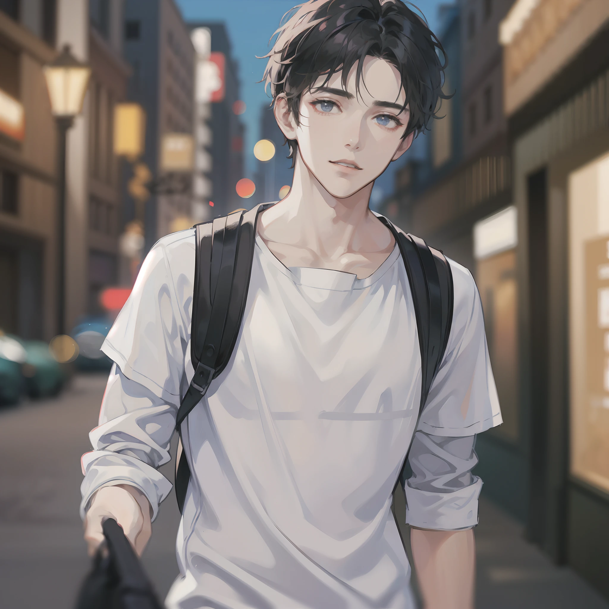 (Handsome men: 1.4), White shirt, Short black hair, Delicate face, Fair skin, backpack, ((On the street at night: 1.4)), Night, Deserted, nobody, 8km HD Images, Masterpiece-level high-quality images,