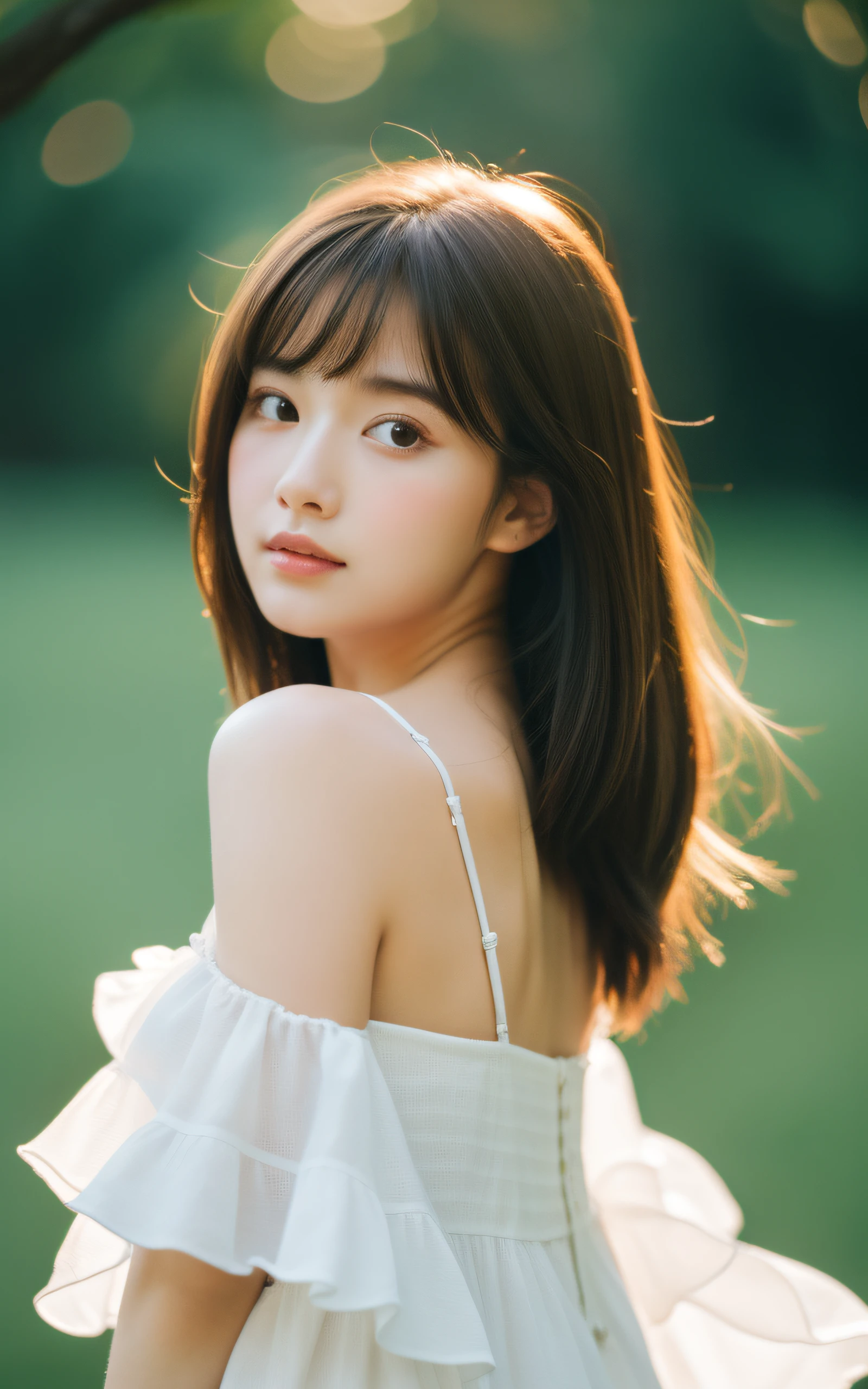 masterpiece, Best Quality, 8K, 20 yo, Large breast, Raw photo, Professional Photography, Portrait, Soft light, Professional Lighting, Back lighting, Solo, sad, close up, Cute, Girly, Delicate girl, Neat and clean beauty, Upper body, Looking away, Sophisticated, Film grain, (Eyes and faces with detailed:1.0), Medium length hair swaying in the wind, bangs