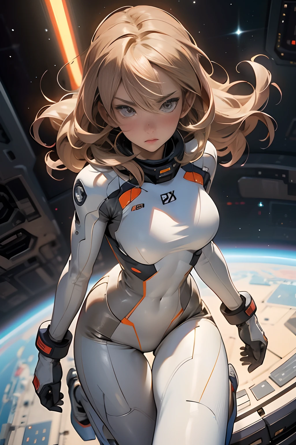 (masterpiece), best quality, highly detailed, detailed background, cinematic lighting, space, 1girl, medium hair, medium breasts, leotard, bare legs, gloves, light particles. glow, space suit, sparkling
