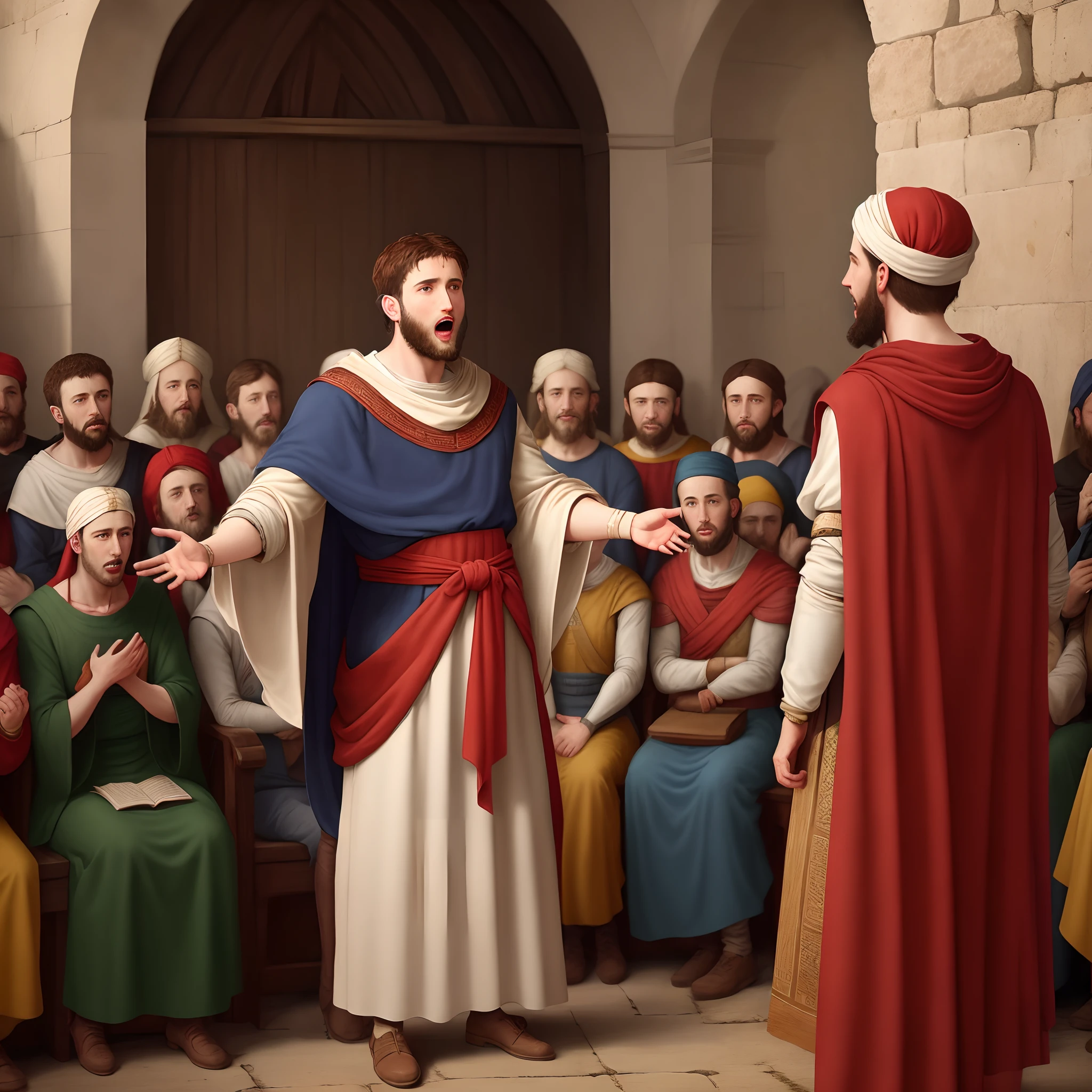 Paul of Tarsus preaching to a crowd in 1st century clothing. Good quality, 4k, vibrant, realistic colors, perfect details