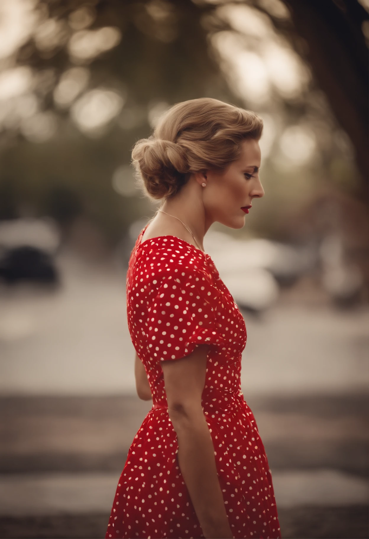 A woman in the 1950’s in a red white polkadot dress flowing in the wind caught off guard looking off into the distance with hair flowing tied back
