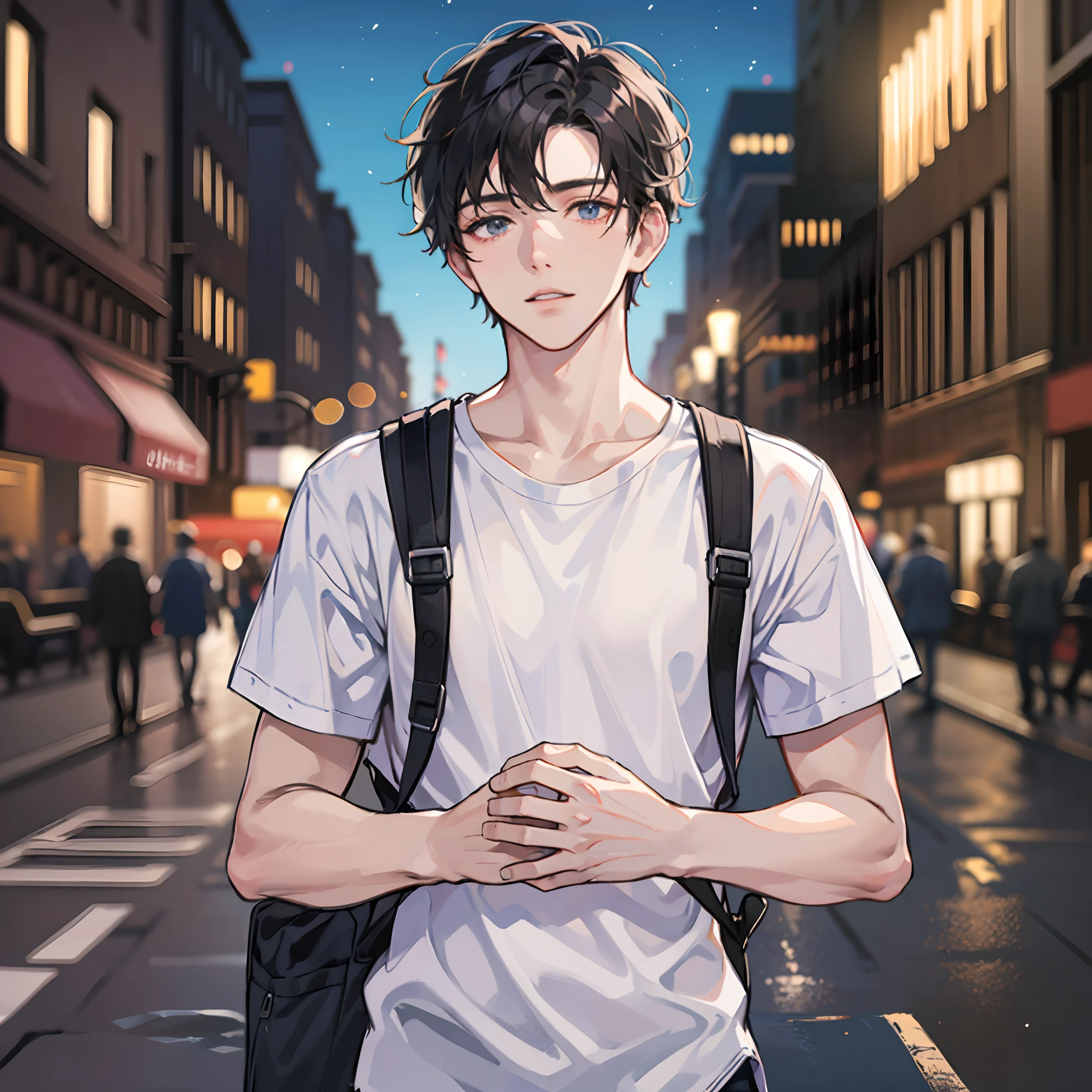 (Handsome men: 1.4), White shirt, Short black hair, Delicate face, Fair skin, backpack, ((On the street at night: 1.4)), Night, Deserted, nobody, 8km HD Images, Masterpiece-level high-quality images,