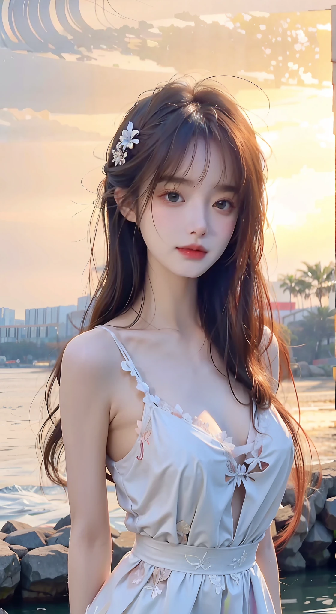 lndswgnr_V1.0, (Sharp focus: 1.5), (Sharp focus:1.2), Portrait, Attractive young woman, (Beautiful face:1.1), Detailed eyes, lusciouslips, (Eye makeup:1.2), (Tight body:1.2), Wearing (flowery dress:1.2) at (sea beach:1.2). (Early morning sun illumination:1.2), Depth of field, Bokeh, 4K, hdr. By (James S. Christensen:1.2|JeremyLipking:1.1).