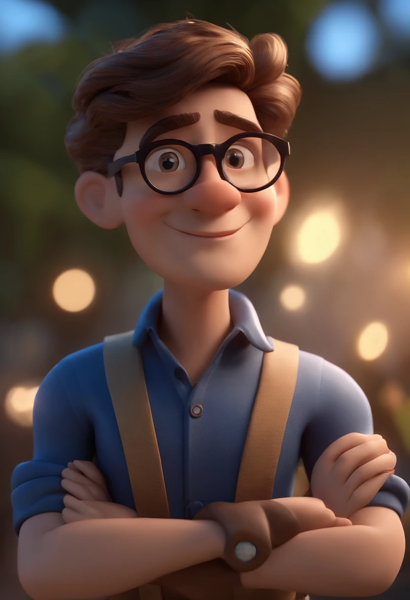 Cartoon character of a man wearing black glasses and a blue shirt, um personagem animado, Caractere estilizado, animation style rendering, 3D estilizado, Arnold Maya render, 3 d render stylized, toon render keyshot, Personagem 3D, Personagem 3D, 3d rendering stylized, 3 d character render, personagem de desenho animado, Personagem de close up, Pose de personagem, (Estilo Pixar) (master part:1.2) (Bokeh) (best quality) (pele detalhada) (textura detalhada) (8k) (argila) (Cinematic lighting) (foco nítido，Senta e vaza a parte superior do corpo