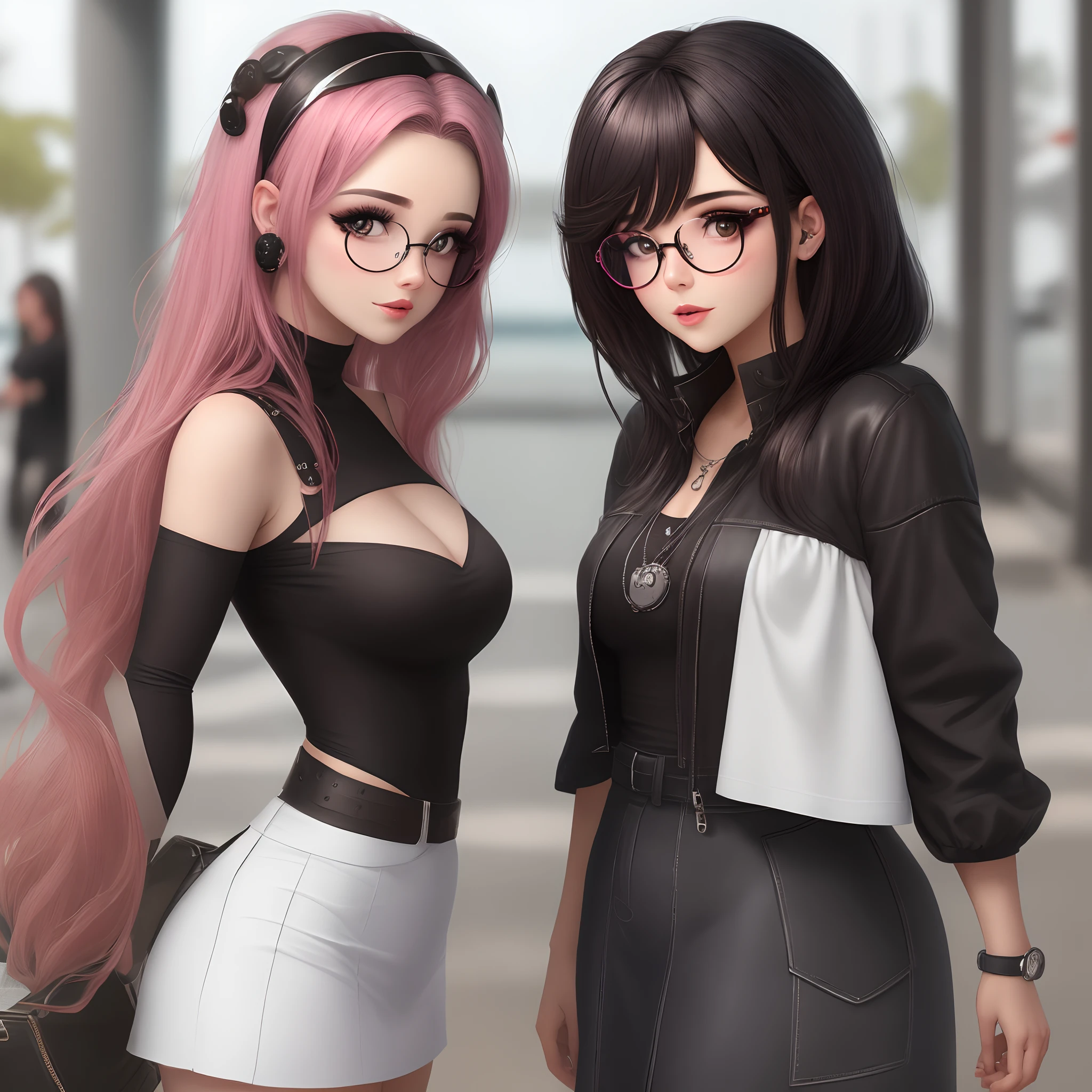 Uma garota com cabelo preto com mechas loiras e com uma franja usando oculos redondo