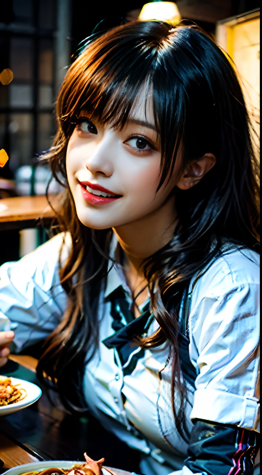 (masterpiece), best quality, ultra high res, close up, slim body, 1girl,school uniform, long hair, laughing, ramen, night, Tokyo restaurant background, colorful lights, photon mapping, radiosity, physically-based rendering, cinematic lighting, intricate, High Detail, Sharp focus, dramatic, photorealistic