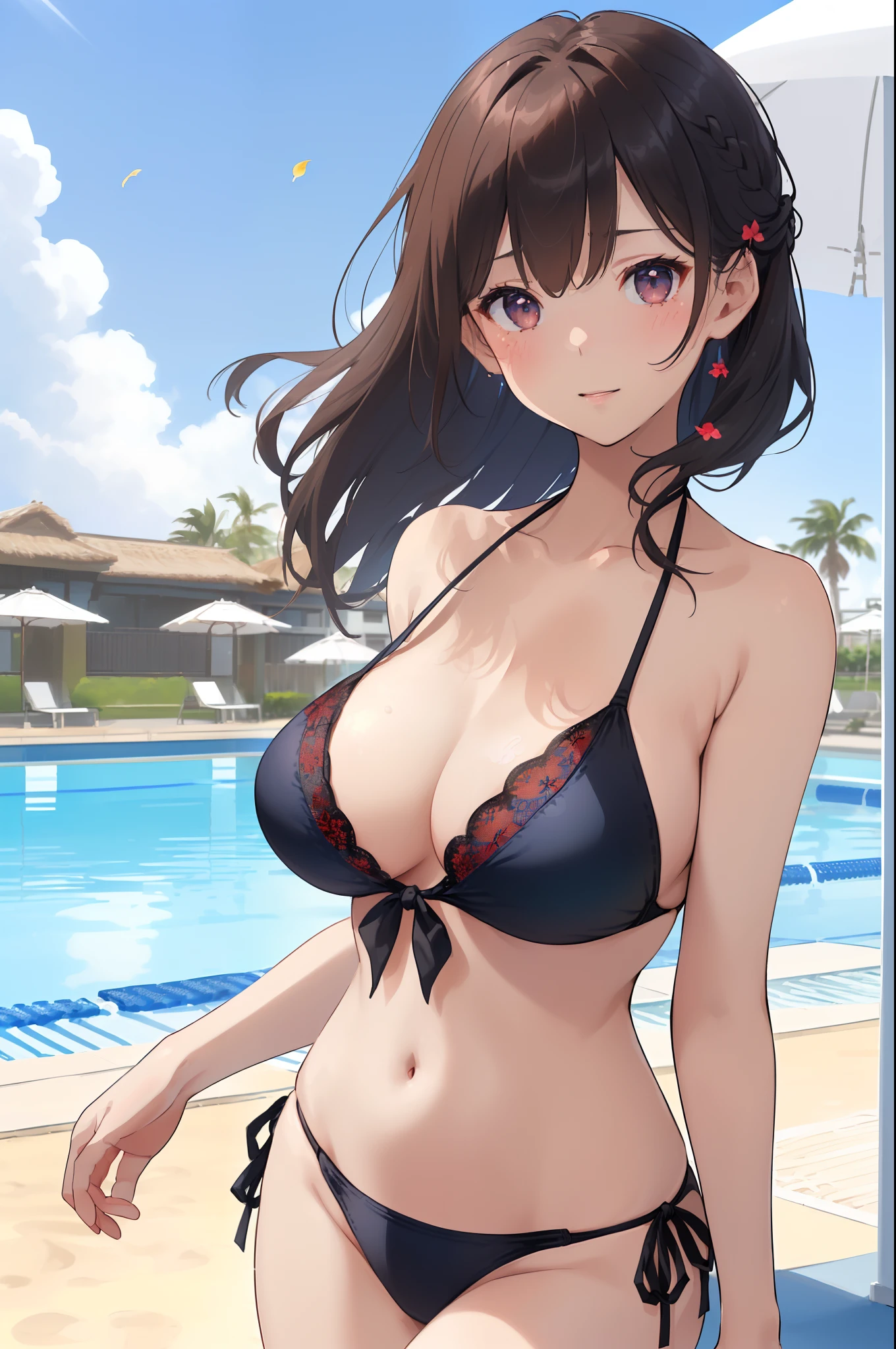 top-quality、masterpiece、(1 adult female:1.3)、(Soft bust:1.2)、Natural Big、Chest thrusting pose、(View landscape:1.1)、Seen from the side、slender、(Thin and simple black lace bikini swimsuit:1.2)、Brown hair、(Hair is tied back)、(Hair fluttering in the wind:1.3)、azure eyes、(White highlights of the pupil:1.1)、(Look at viewers:1.2)、de pele branca、red blush、A slight smil、(Blue summer sky:1.3)、(Avoid the background around the upper body:1.3)、(Blur the background a lot to make the woman stand out:1.3)、(Beautiful background by the pool on the beach:1.3)、(Beautiful summer flowers)