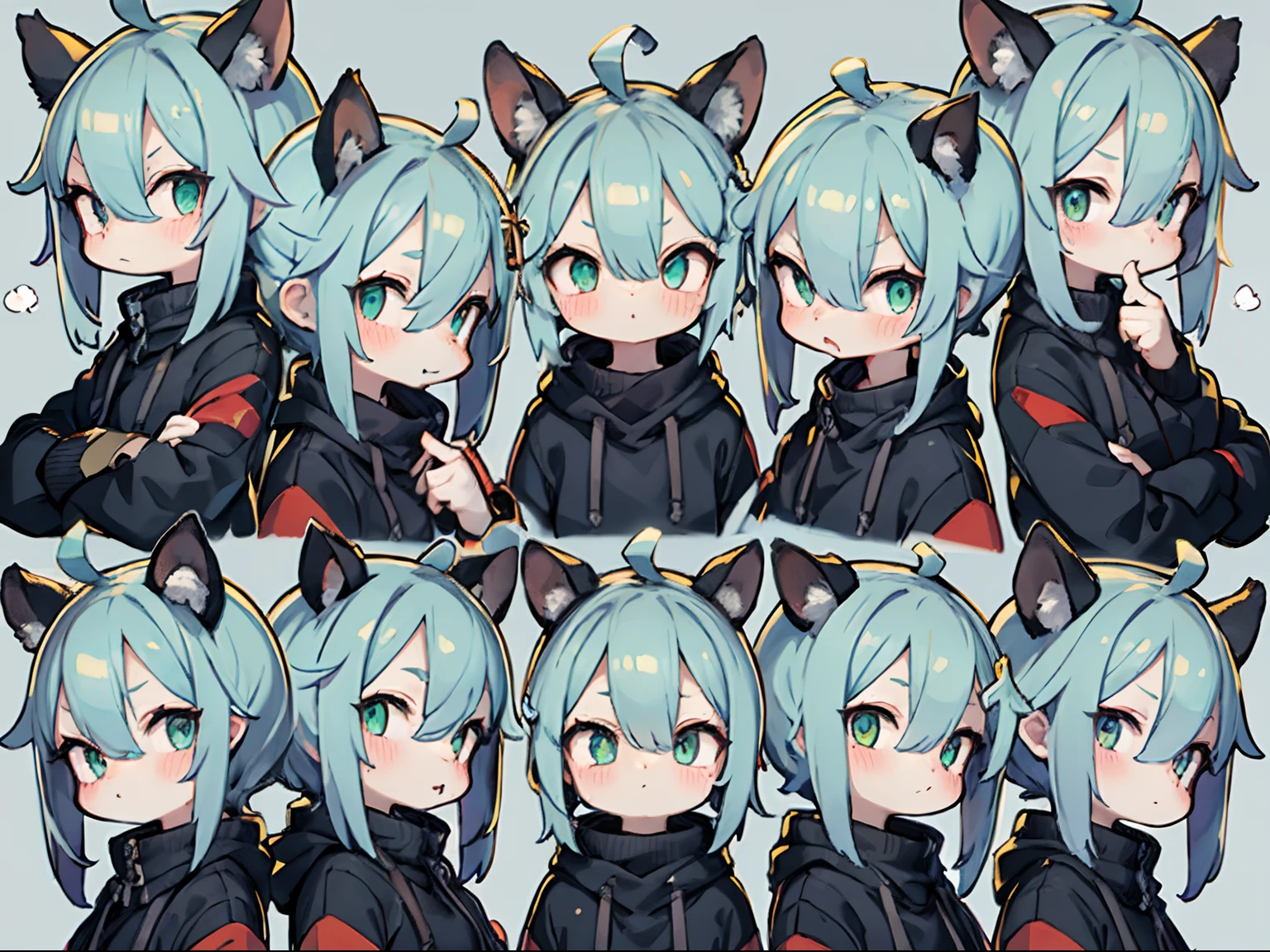 9 poses and expressions,9 Panel grid,9 Emotions and expressions,9 emojis,1boys,Blush,multiple views,hair adornments,cropped shoulders,Closed mouth,Sweater,view the viewer,The entire body of the machine,By bangs,V-shaped eyebrows,Green hair,short detailed hair，Simple background,green-eyed,hair between eye,:<,Jacket,ahoge,Black sweater,Sweat,Black jacket,Turtleneck,No Pupil,Black cat tail，sense of science and technology，cyber punk perssonage