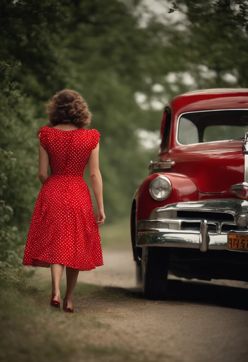 A woman in the 1950’s in a red white polkadot dress flowing in the wind caught off guard with her back facing the camera and her body against her boyfriend when she looks back at the camera