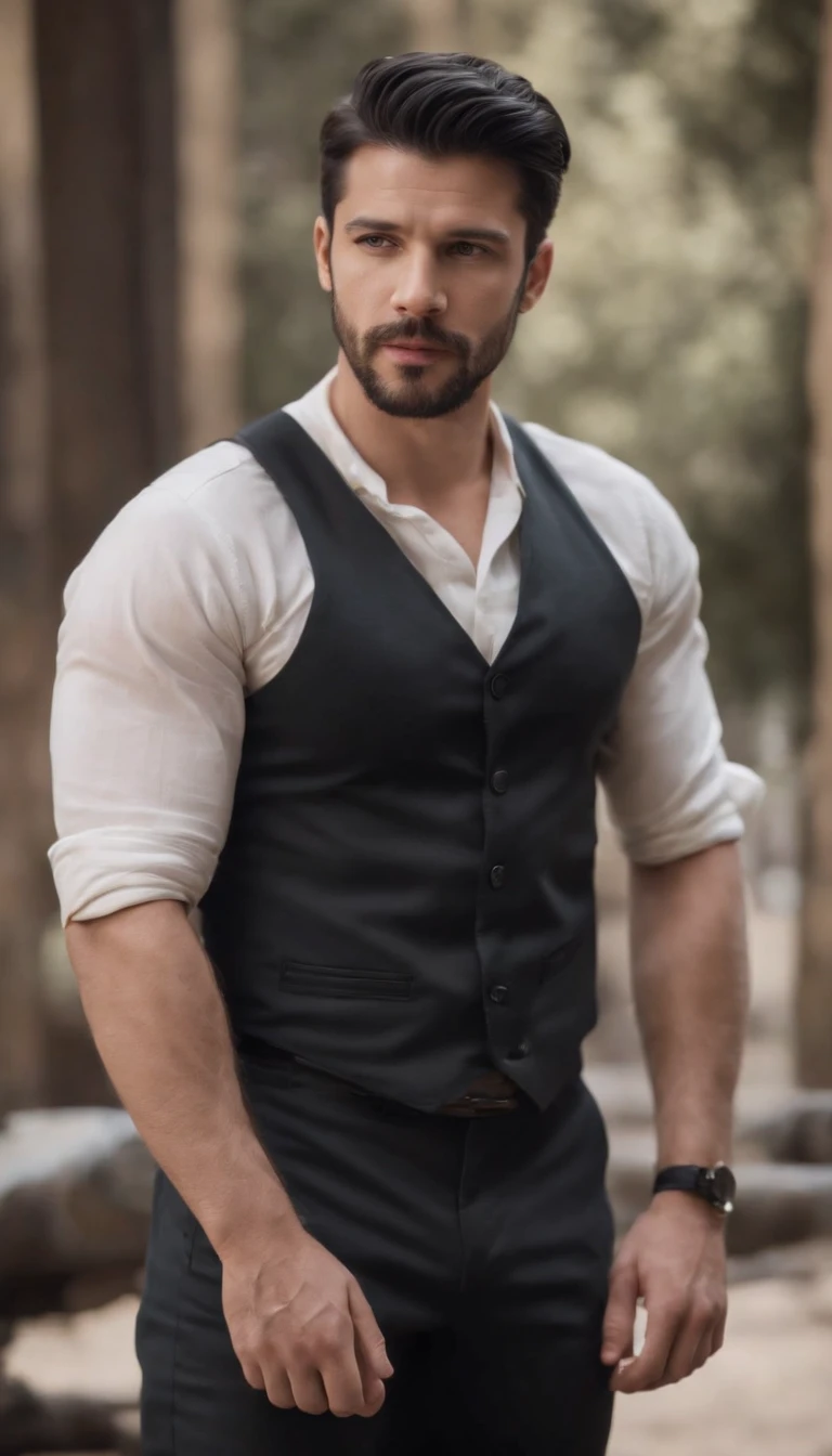 30-year-old man,Moreno, Black hair and short style of the 60s with shine, Beard to make athletic body ,look would be, con camiseta blanca, Vaqueros rotos y botas negras, de pie con un traje de superheroe del elemento de acero