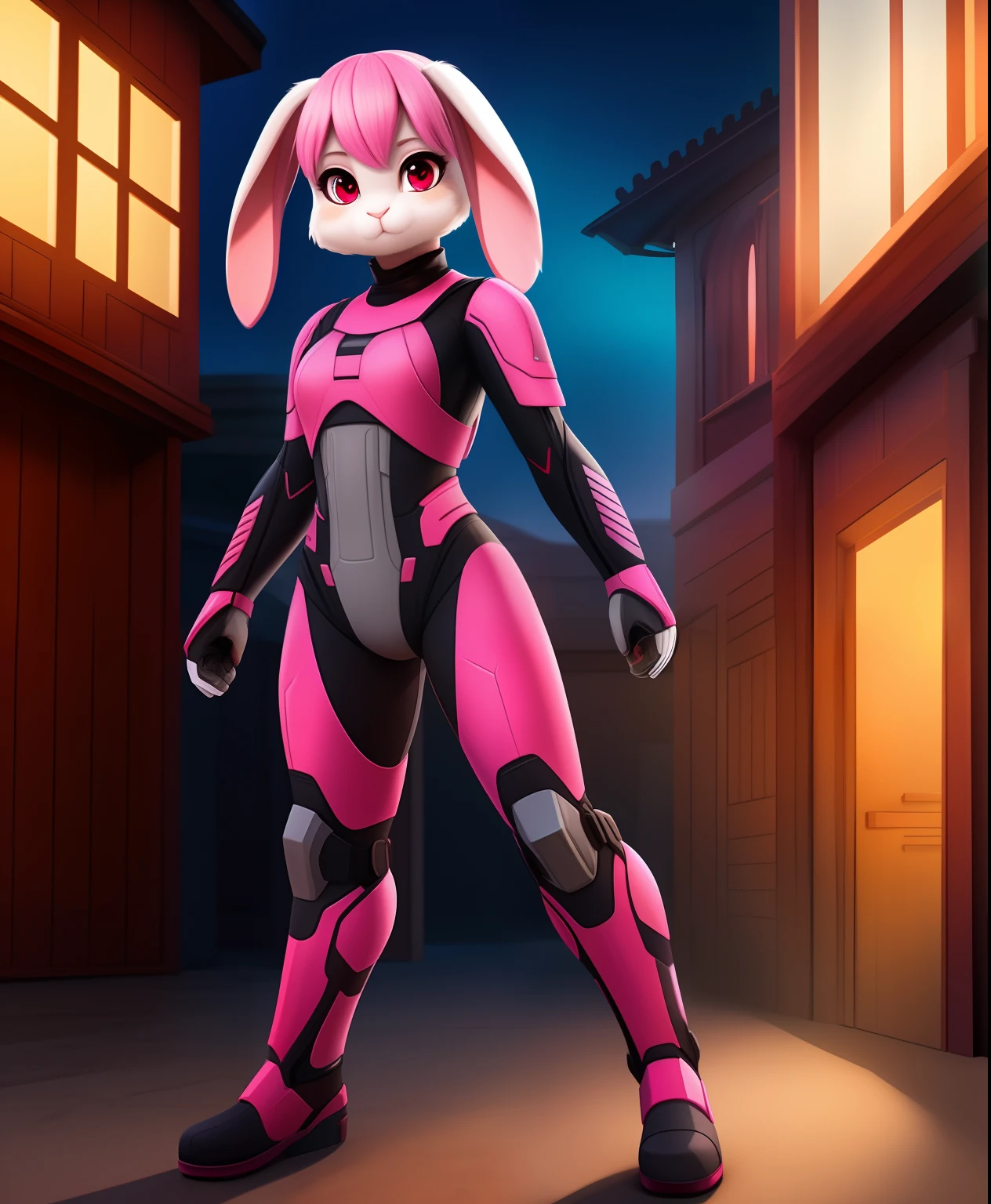 Superbunnaiter the female pink rabbit, pink fur, pink hair, scarlet eyes, Holland lop, full body view, live action style, black and grey exosuit