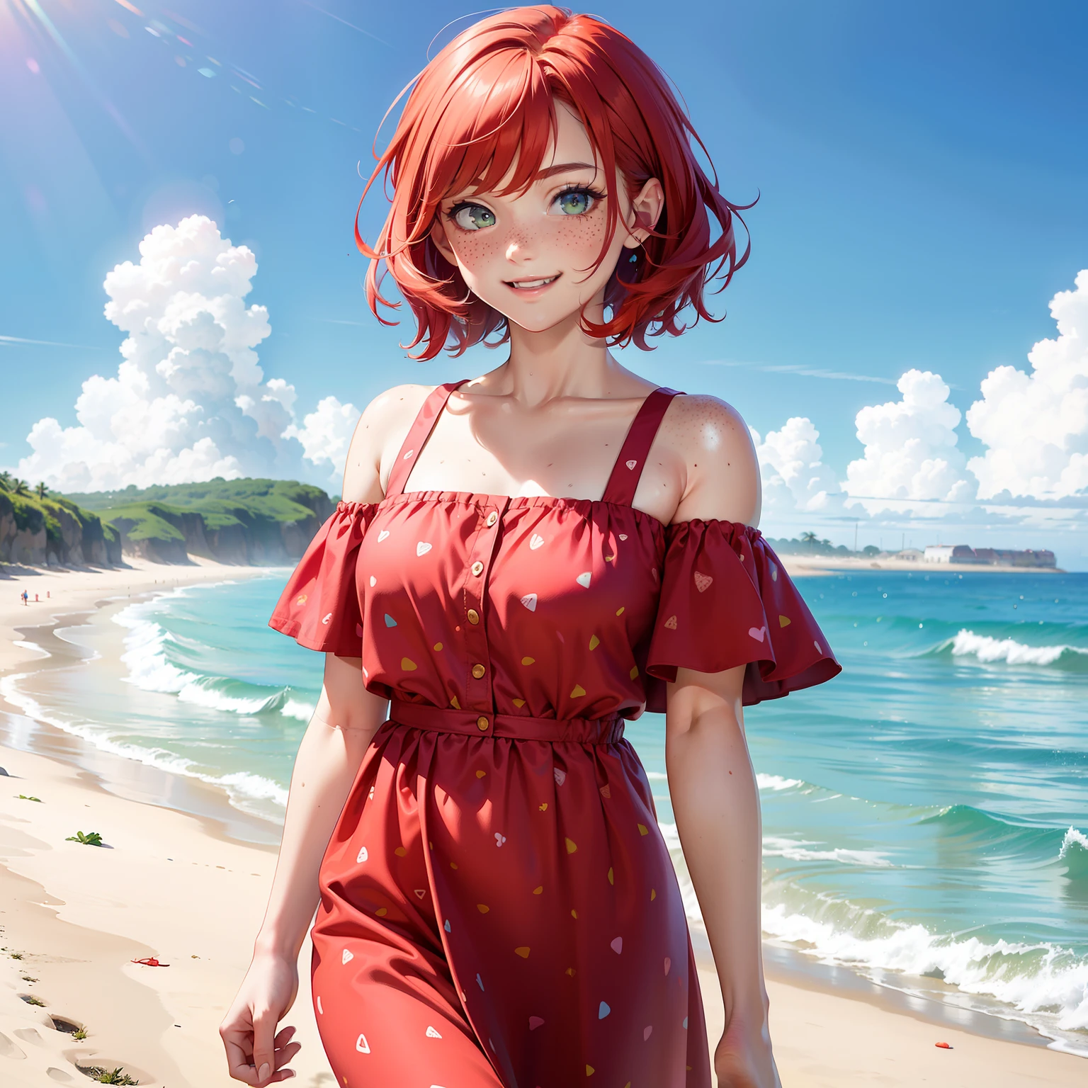 (best quality, vivid colors, highres, portraits:1.2), a 17-year-old red-haired girl with freckles on her shoulders and face, wearing a playful summer dress in pink with strawberry patterns, walks along the beach shoreline during sunset, laughing joyfully.