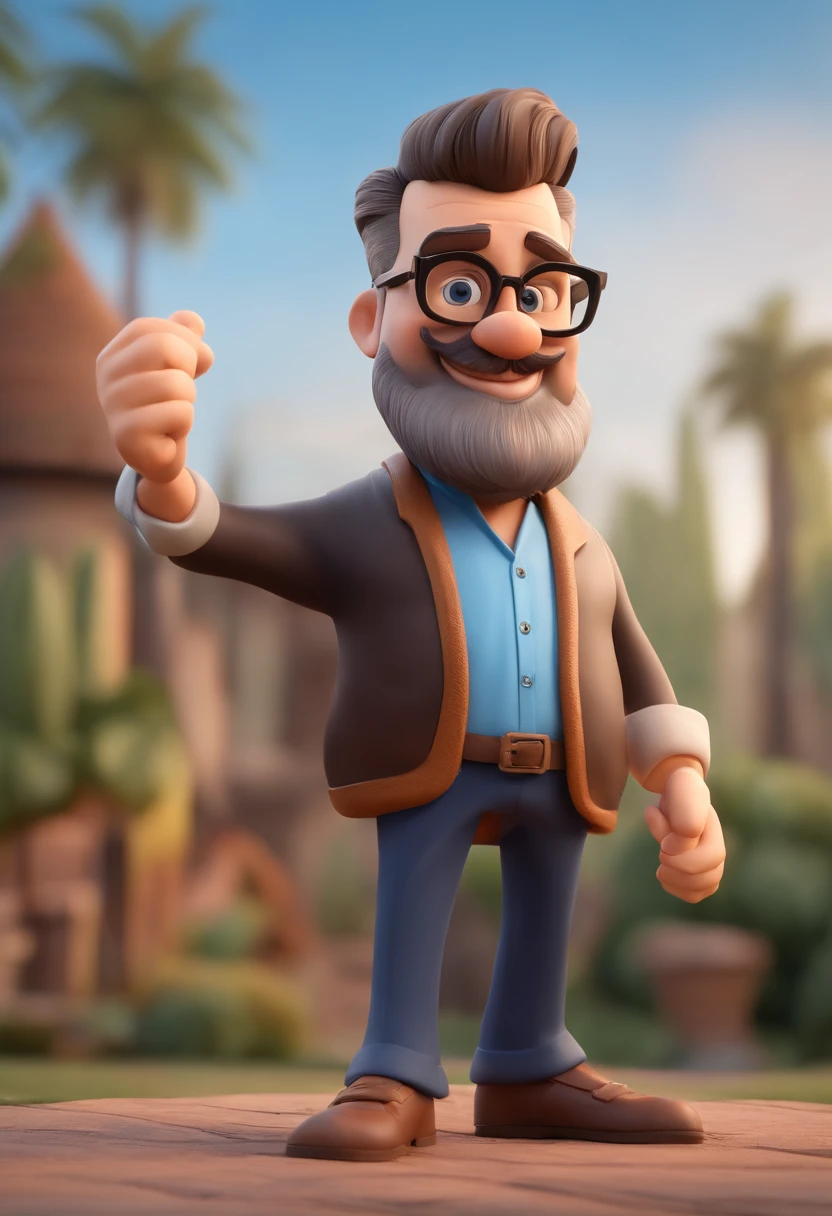 Cartoon character of a s3m haired man with beard his age 50 wearing black glasses and a blue shirt, um personagem animado, Caractere estilizado, animation style rendering, 3D estilizado, Arnold Maya render, 3 d render stylized, toon render keyshot, Personagem 3D, Personagem 3D, 3d rendering stylized, 3 d character render, personagem de desenho animado, Personagem de close up, Pose de personagem, (Estilo Pixar) (master part:1.2) (Bokeh) (best quality) (pele detalhada) (textura detalhada) (8k) (argila) (Cinematic lighting) (foco nítido，Senta e vaza a parte superior do corpo