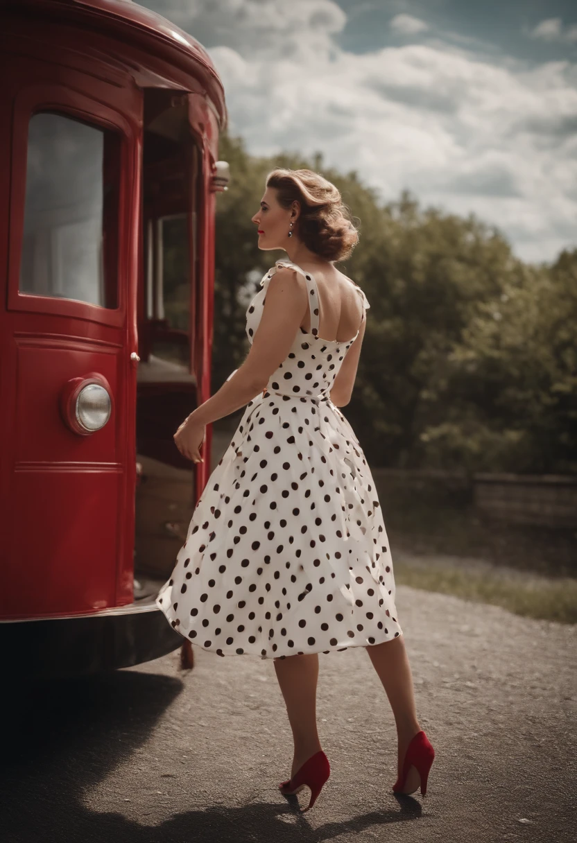 A woman in the 1950’s in a red white polkadot dress flowing in the wind with her back facing the camera and her body against her boyfriend when she looks back at the camera