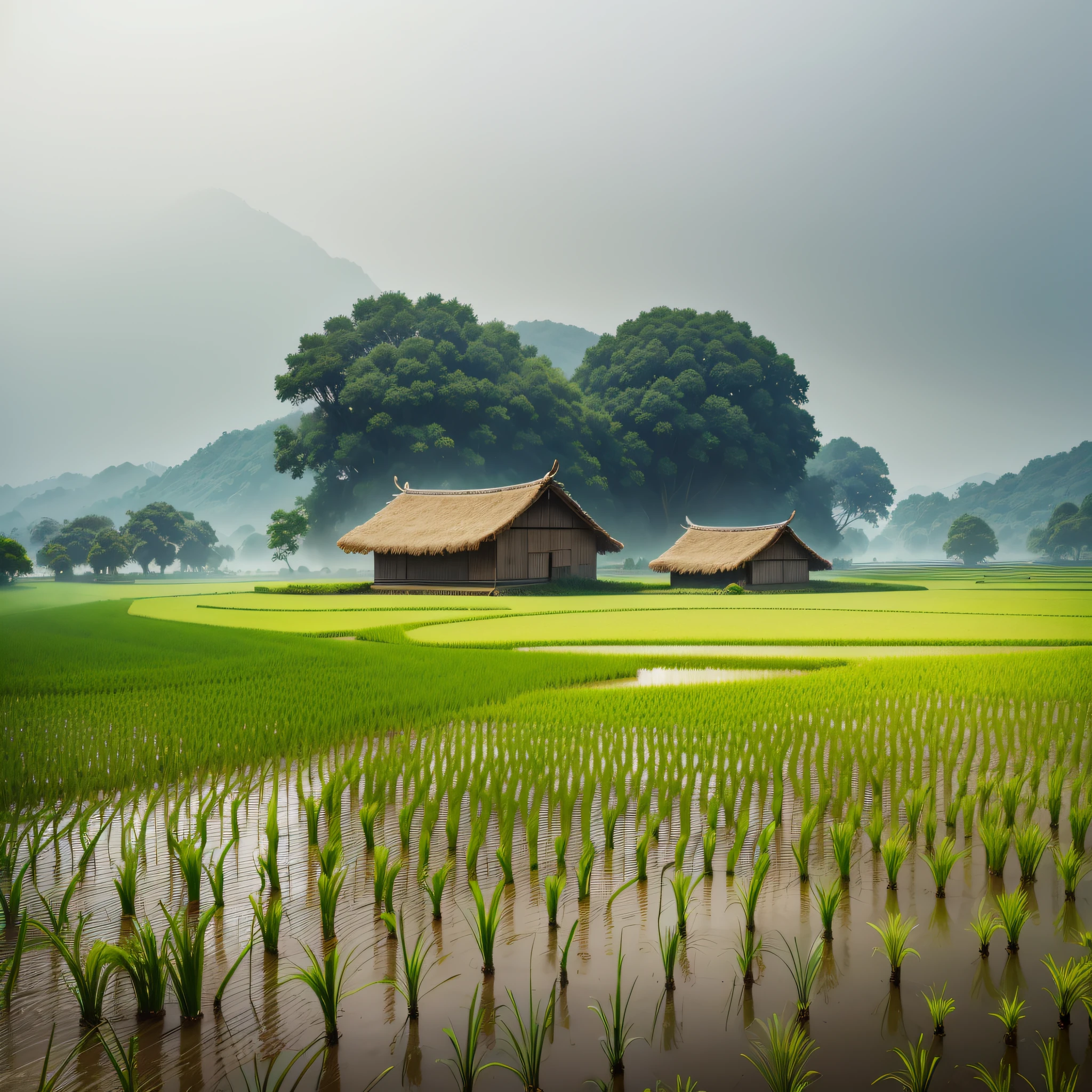 a rice field, in the background is a hut with rice fields, rice fields, neat rice seedlings in the fields, misty rain, villages, agriculture, in the tranquil landscape, misty weather, in the vast peaceful landscape, in the early morning, in the morning mist, behind a small village, mist, thatched roofs --v 6