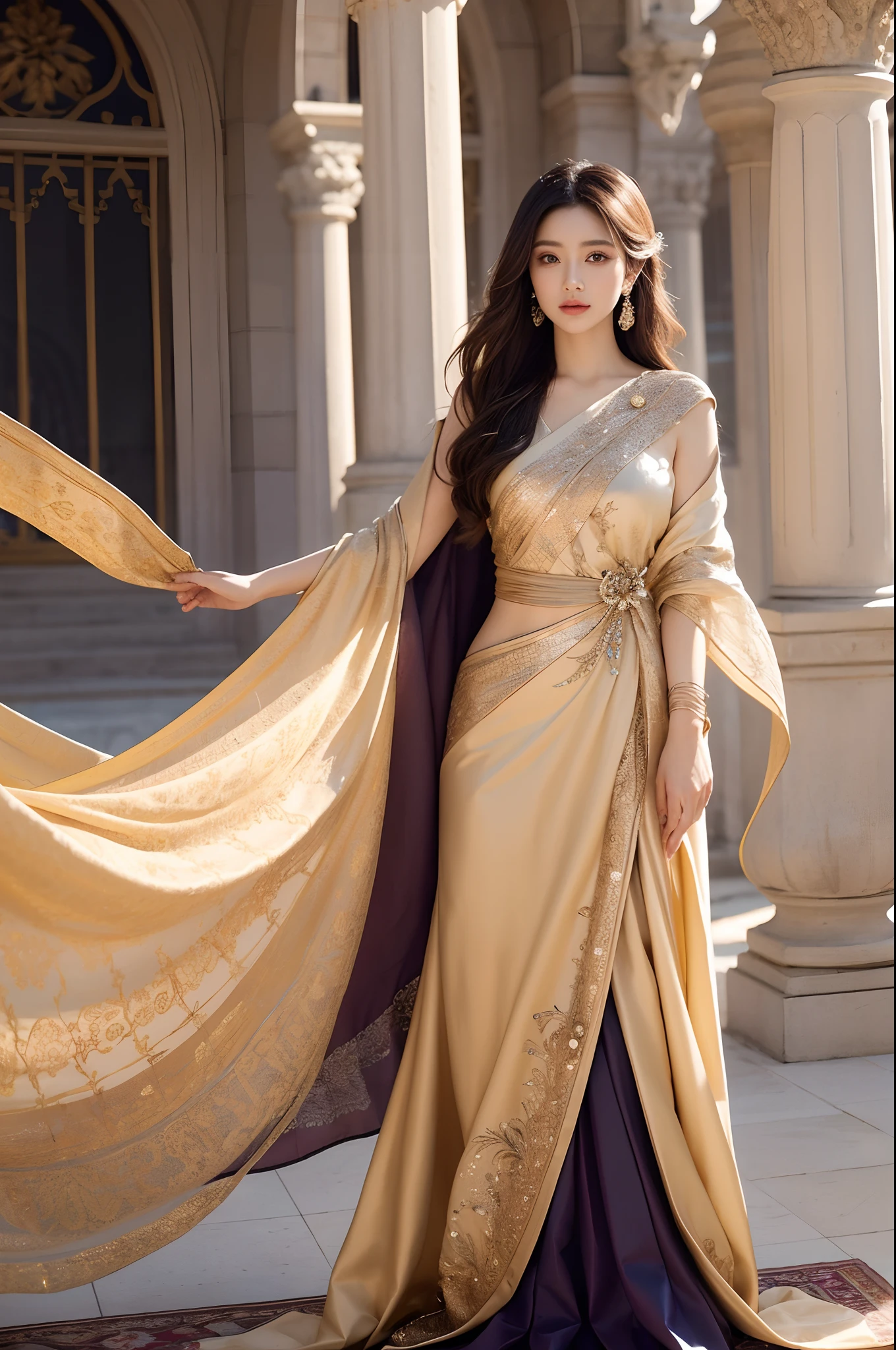 "Create an image of an extraordinary woman, a character worthy of being the best in the world. She possesses an otherworldly beauty, with a presence that commands attention. Her long, lustrous hair falls gracefully, framing her face with effortless elegance. The lighting is masterful, casting a soft yet dramatic glow, highlighting every intricate detail. She's adorned in a garment that is nothing short of a work of art, a perfect fusion of tradition and modernity. The attire, a flowing masterpiece, combines rich, vibrant colors with intricate patterns, creating a stunning visual feast. Her makeup is impeccable, enhancing her already exquisite features. The look in her eyes exudes a blend of wisdom and allure, making it impossible to look away. She stands in a setting that is both timeless and contemporary, symbolizing the harmonious coexistence of past and present. The backdrop showcases a stunning blend of natural beauty and architectural wonder, providing a perfect balance for the character's grace. This image is an ode to both classical and contemporary beauty, where every element harmoniously blends into an enchanting masterpiece. Let this creation stand as a testament to the pinnacle of artistic achievement and global recognition."