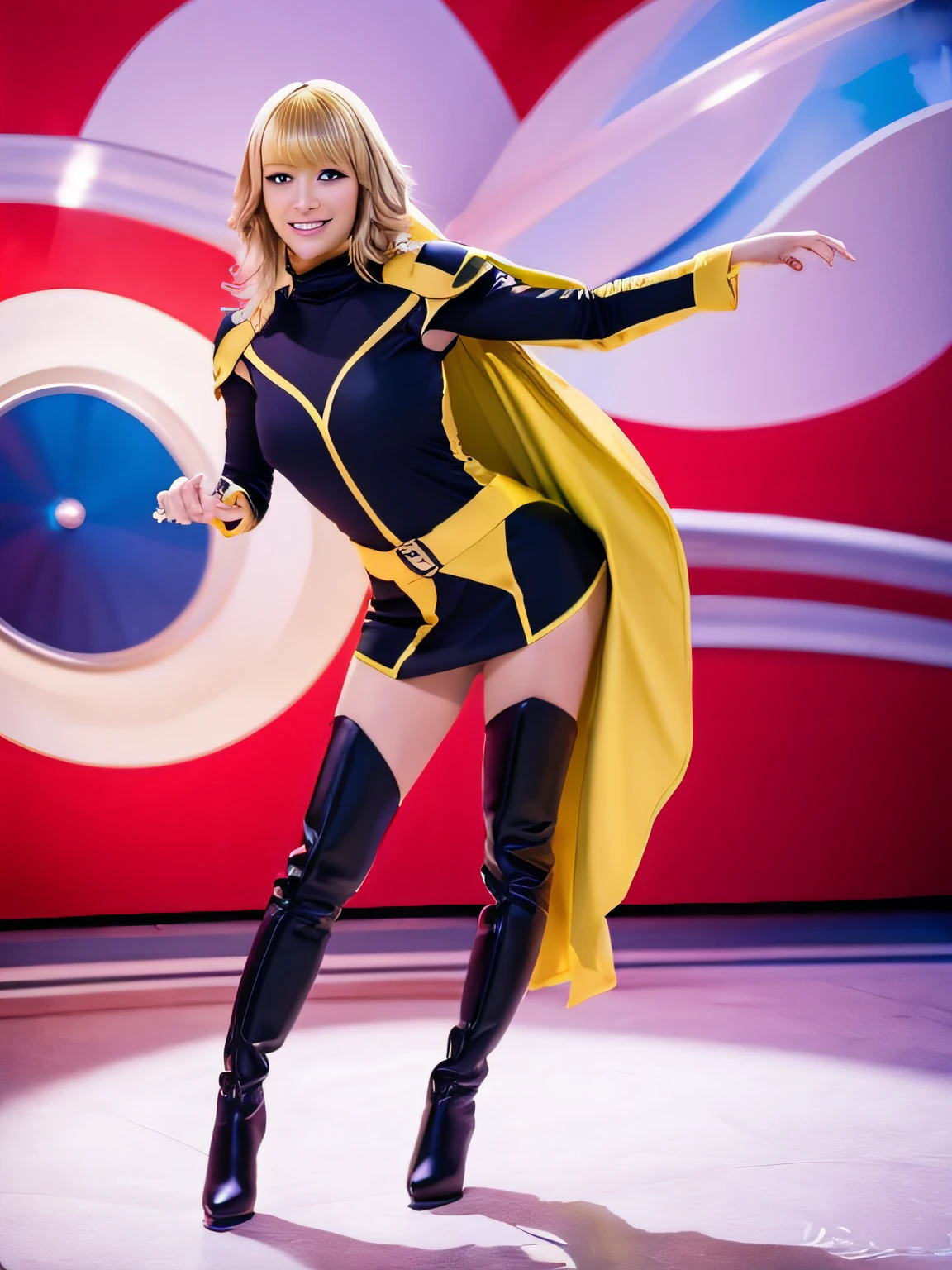 masutepiece, Best Quality, Agrias, twirl, spin, Blonde hair, Superhero, long boots, tornado, Whirlwind, Solo, Bare legs, highleg, Perfect hands, Perfect fingers, highleg leotard, Tornado spiral