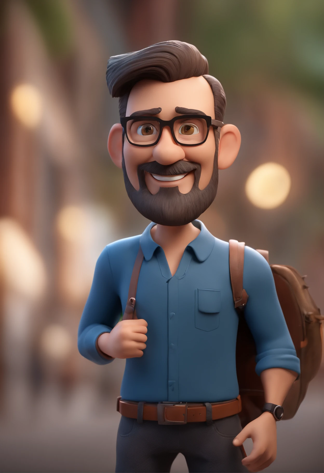 Cartoon character of a s3m haired man with beard his age 50 wearing black glasses and a blue shirt, um personagem animado, Caractere estilizado, animation style rendering, 3D estilizado, Arnold Maya render, 3 d render stylized, toon render keyshot, Personagem 3D, Personagem 3D, 3d rendering stylized, 3 d character render, personagem de desenho animado, Personagem de close up, Pose de personagem, (Estilo Pixar) (master part:1.2) (Bokeh) (best quality) (pele detalhada) (textura detalhada) (8k) (argila) (Cinematic lighting) (foco nítido，Senta e vaza a parte superior do corpo