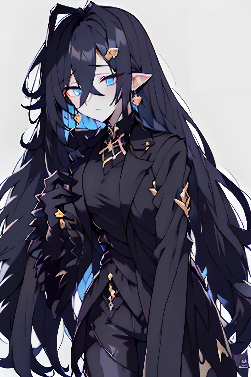 ((1man Solo )), long black hair, blue eyes, pale skinned, whole body, hair between eyes, red lagimas, black corset Vest, Black pants, white shirt, Chic jackets