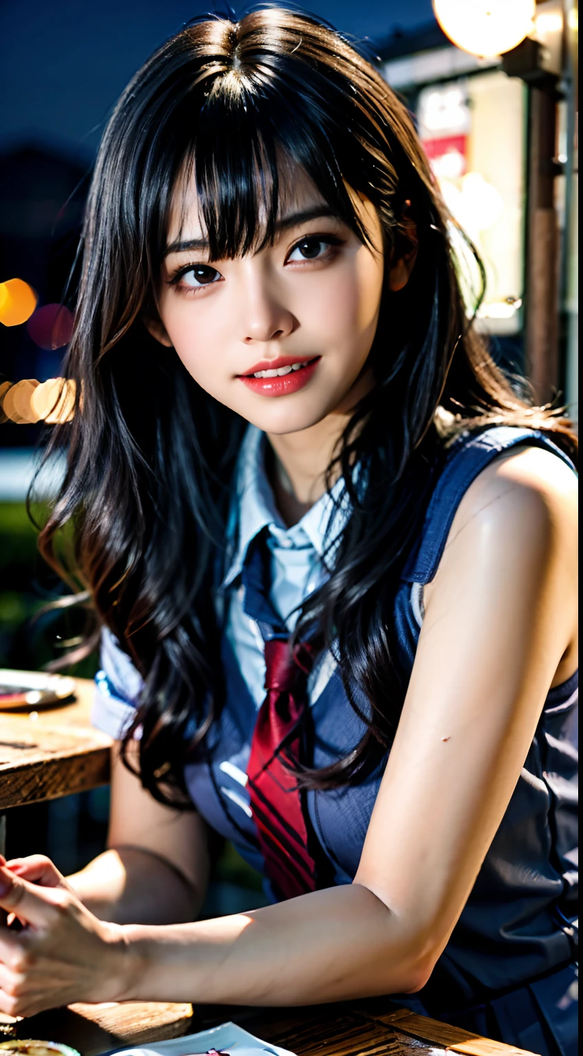 (masterpiece), best quality, ultra high res, close up, slim body, 1girl,school uniform, long hair, laughing, ramen, night, Tokyo restaurant background, colorful lights, photon mapping, radiosity, physically-based rendering, cinematic lighting, intricate, High Detail, Sharp focus, dramatic, photorealistic
