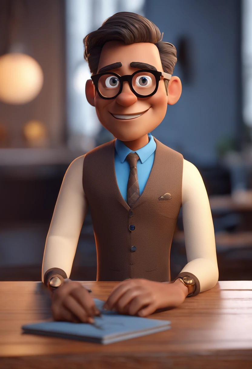 Cartoon character of a man with black glasses and a blue shirt, animation character, Caractere estilizado, animation style rendering, 3D estilizado, Arnold Maya render, 3 d render stylized, toon render keyshot, Personagem 3D, Personagem 3D, 3d rendering stylized, 3 d character render, personagem de desenho animado, Personagem de close up, Pose de personagem, (Estilo Pixar) (master part:1.2) (Bokeh) (best quality) (pele detalhada) (textura detalhada) (8k) (argila) (Cinematic lighting) (foco nítido