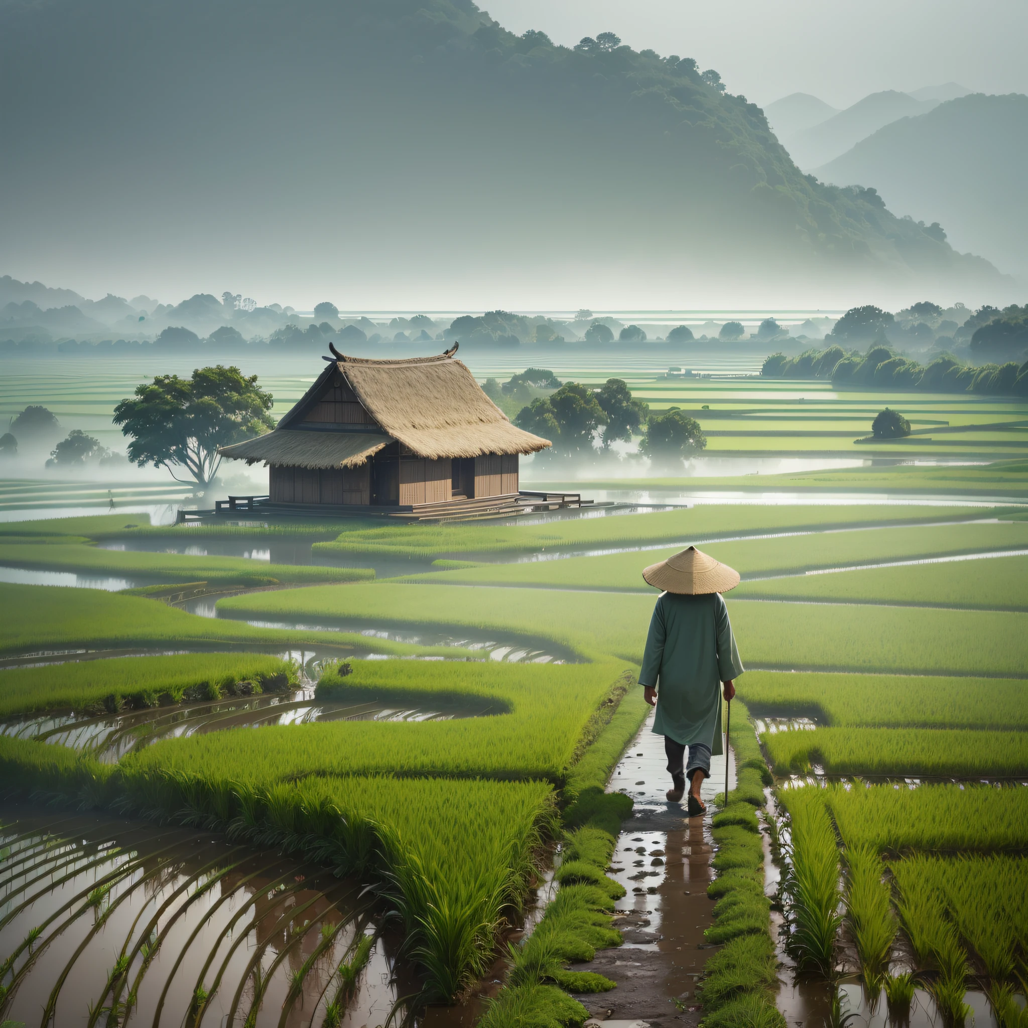 There is a man walking through a rice field, in the background is a hut with rice fields, rice fields, neat rice seedlings in the fields, misty rain, villages, agriculture, in the tranquil landscape, misty weather, in the vast peaceful landscape, in the early morning, in the morning mist, behind a small village, mist, thatched roofs --v 6