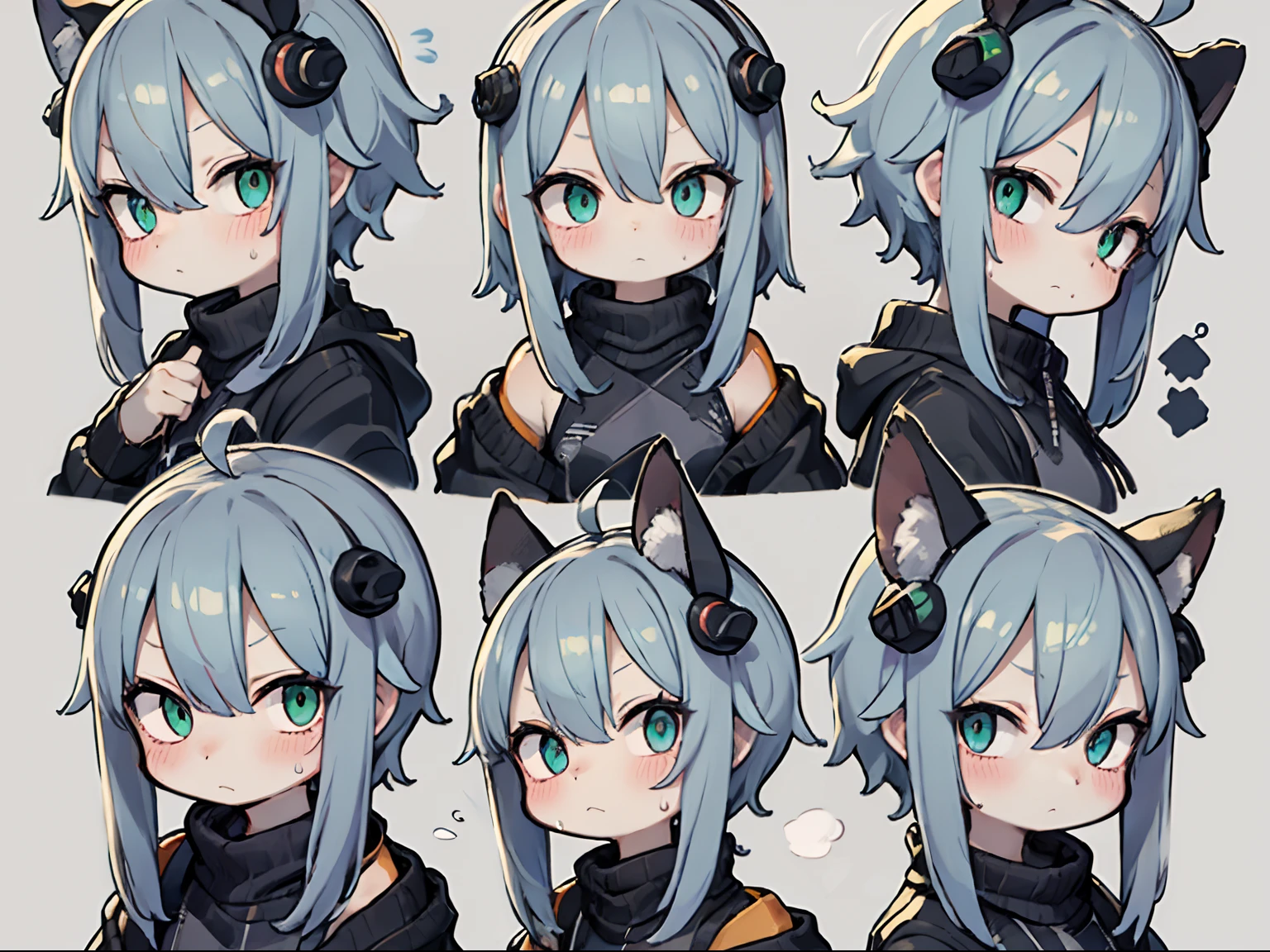 9 poses and expressions,9 Panel grid,9 Emotions and expressions,9 emojis,1boys,Blush,multiple views,hair adornments,cropped shoulders,Closed mouth,Sweater,view the viewer,The entire body of the machine,By bangs,V-shaped eyebrows,Green hair,short detailed hair，Simple background,green-eyed,hair between eye,:<,Jacket,ahoge,Black sweater,Sweat,Black jacket,Turtleneck,No Pupil,Black cat tail，sense of science and technology，cyber punk perssonage