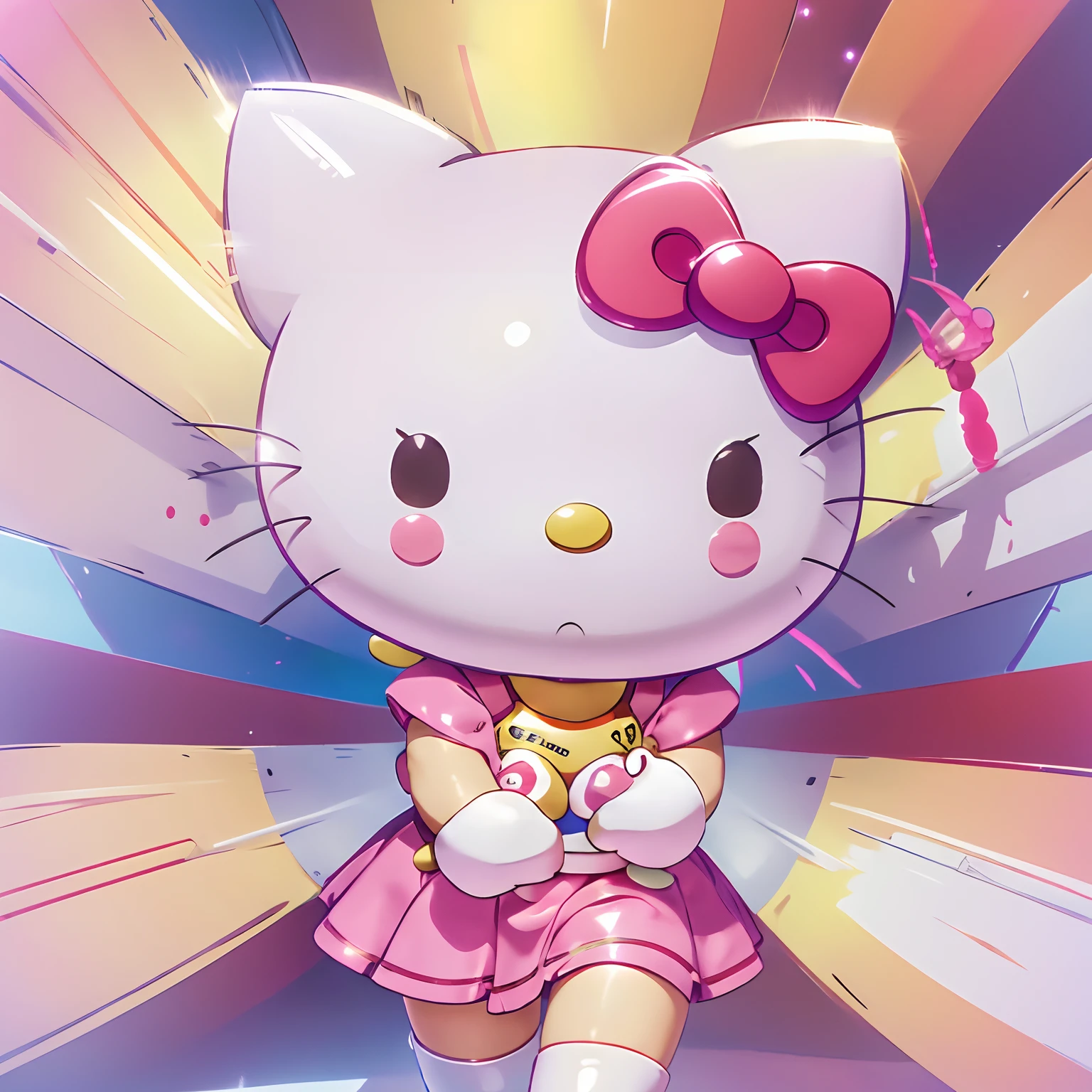 Hello kitty mascot, marching band, marching baritone, pink band uniform, no skirt, bedazzled, football field background