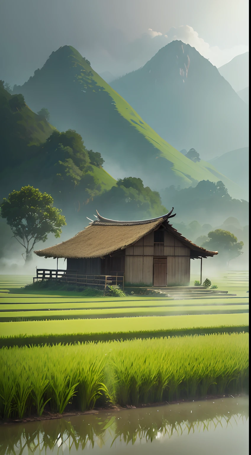 There is a hmong walking through a rice field, in the background is a hut with rice fields, rice fields, neat rice seedlings in the fields, misty rain, villages, agriculture, in the tranquil landscape, misty weather, in the vast peaceful landscape, in the early morning, in the morning mist, behind a small village, mist, thatched roofs --v 6