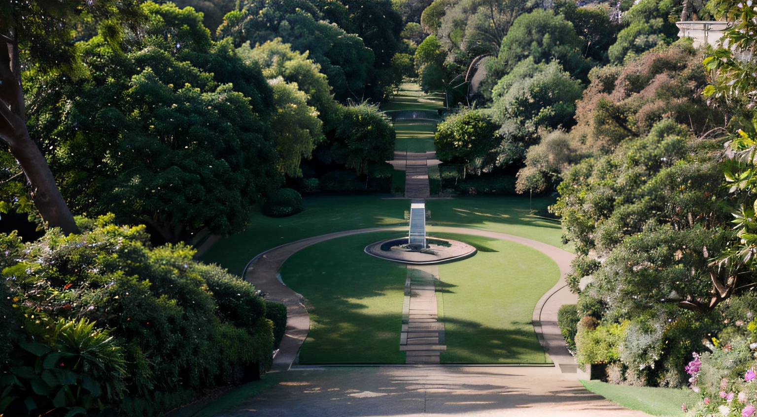 a hyper realistic photography of the an aerial view of the Royal Botanic Gardens in Melbourne, no people, Nikon D850 DSLR 4k camera, 100mm lens, F 1.2 aperture setting, bright and natural lighting, vibrant, fun and relaxing atmosphere