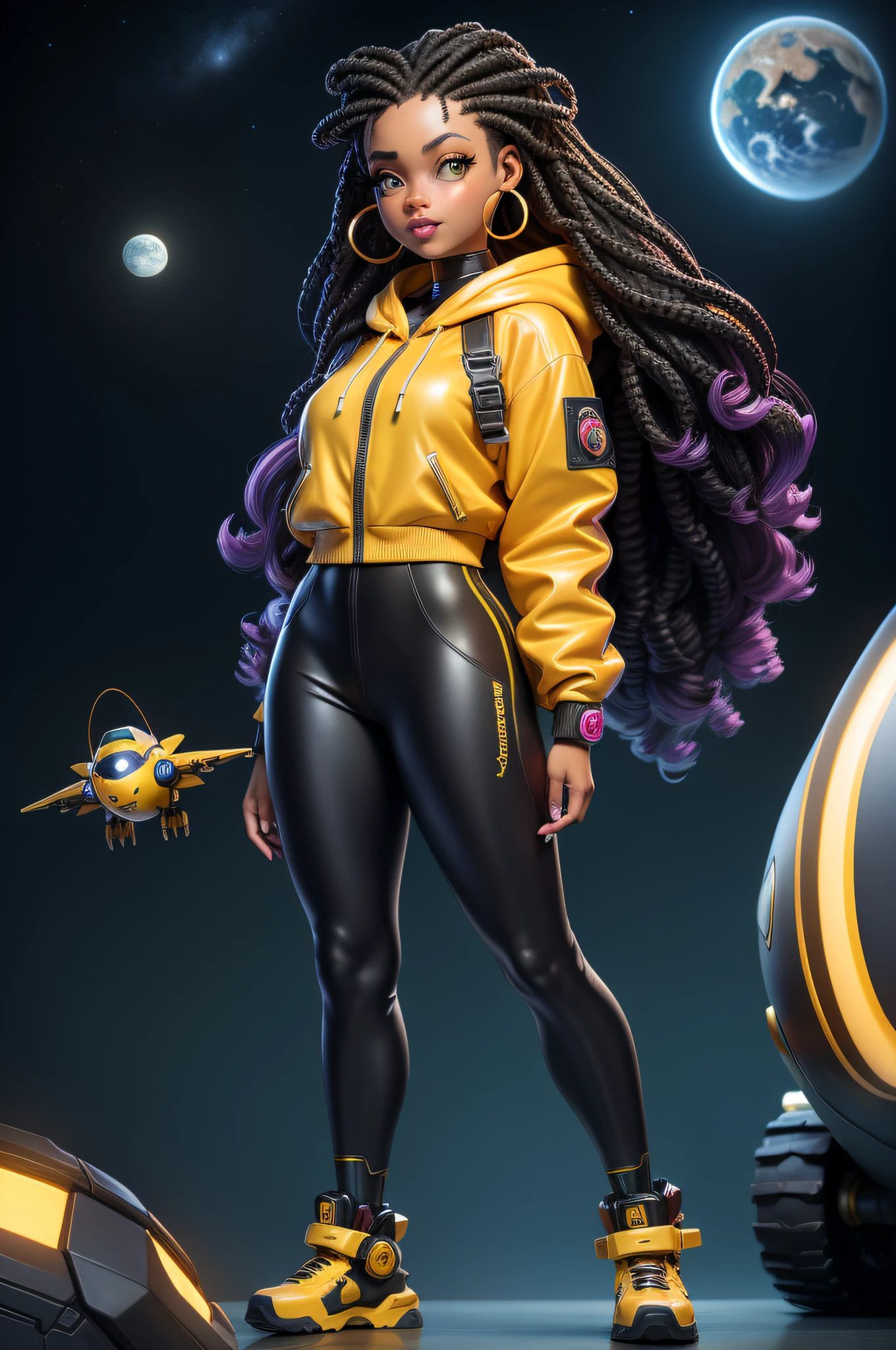 best quality, highres, solo, deep ebony 1girl, beautiful face, {{ box braids / afro / braided hair / curly hair }}, black lips, a female character is wearing a yellow and black colored outfit with a backpack and a yellow hoody jacket, dark black and yellow, sports leisure, green eyes, long hair, dangling earrings, cybernetically enhanced, chunky cuban link jewelry, medium breasts, she is standing in front of spaceships, satellites and moon rovers, starry night sky, pigeoncore, neo-dadaist, Asuka Langley, neon genesis EVA suit, mechanized precision, space crew member, she holds an important position, in crowd spectator at a tech conference in the style of mecha sci-fi anime