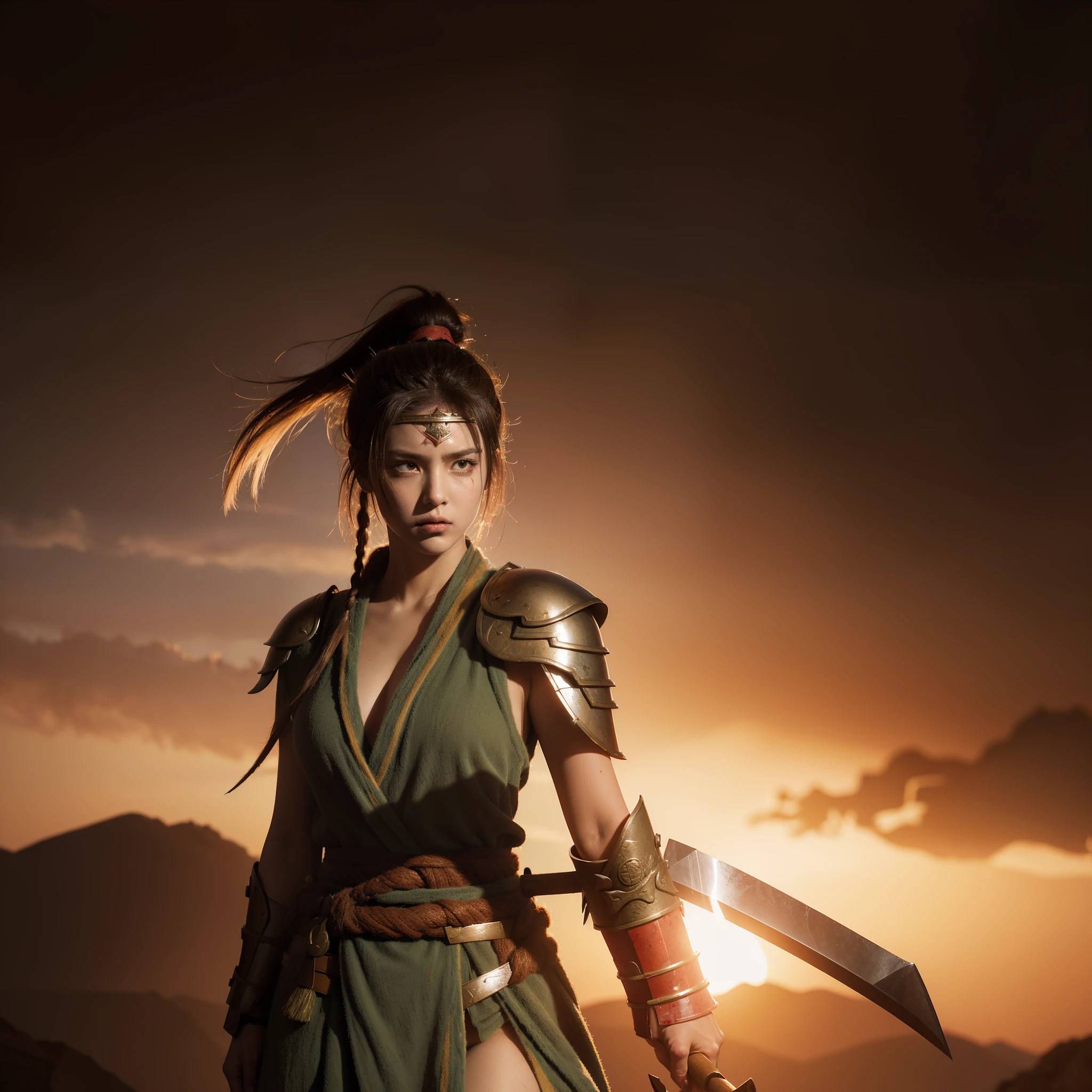 On the battlefield of the ancients,(Female warrior in battle robe:1.4),(With a high ponytail:1.2),Hold the sword in both hands,His face was covered in blood,Angry with the enemy,Natural soft light,Mid-range vision,tmasterpiece,Highest quality,Highest detail