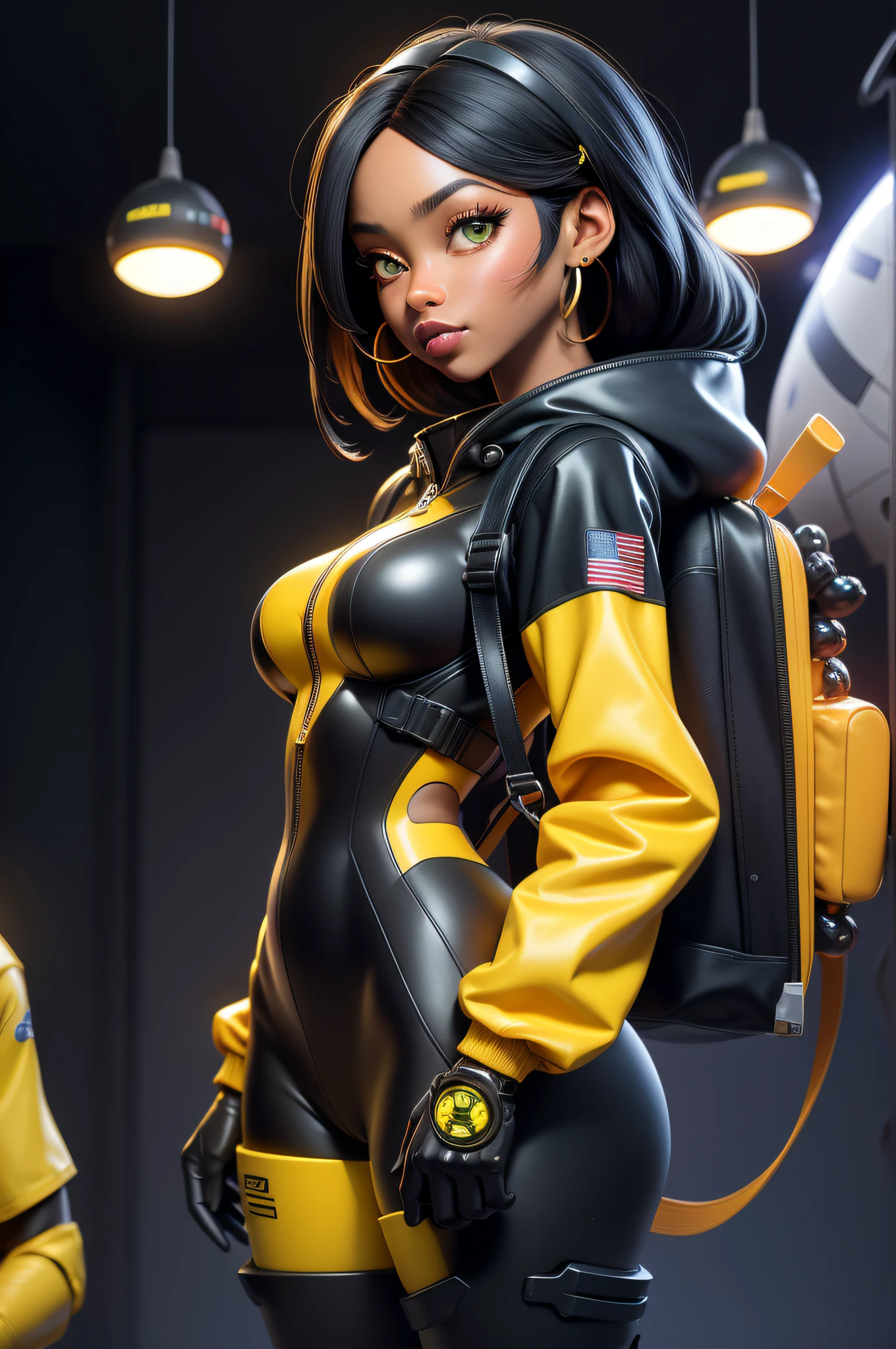 best quality, highres, solo, deep ebony 1girl, beautiful face, box braids, black lips, a female character is wearing a yellow and black colored outfit with a backpack and a yellow hoody jacket, dark black and yellow, sports leisure, green eyes, long hair, dangling earrings, cybernetically enhanced, chunky cuban link jewelry, medium breasts, she is standing in front of spaceships, satellites and moon rovers, starry night sky, pigeoncore, neo-dadaist, Asuka Langley, neon genesis EVA suit, mechanized precision, space crew member, she holds an important position, in crowd spectator at a tech conference in the style of mecha sci-fi anime