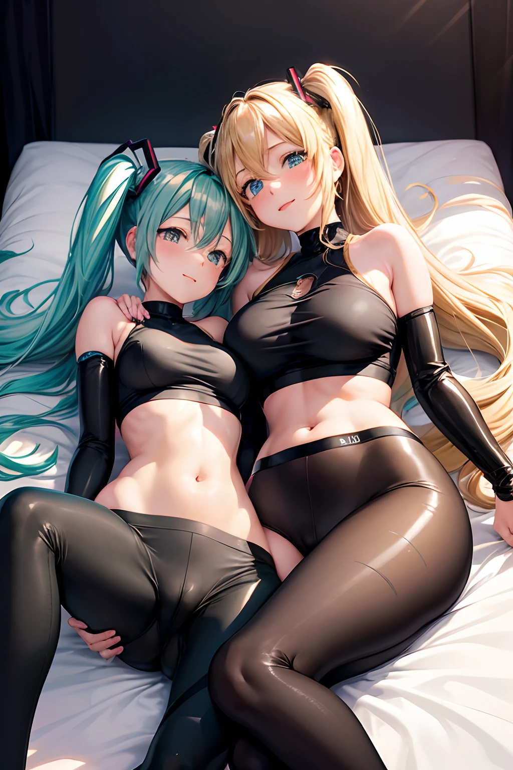 2girls, hatsune miku lying down lying her head on another girl's lap, both wearing high waisted black leggings, cameltoe, relaxed and happy, beautiful, large breasts, tight fabric, touching vagina, girl has blonde hair,