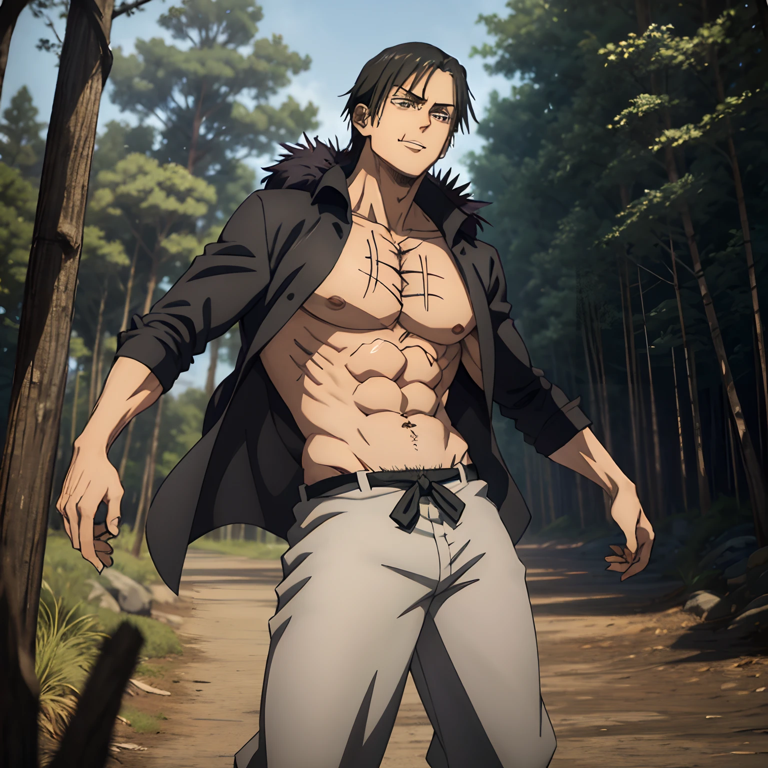 Muscular Male, buff, Toji Fushigoro, Fushigoro, Toji, Fushigoro Toji, powerful, shirtless, standing in a forest, clinging onto a tree, smiling, murderous intent, pure white eyes, no pupil, no pupils, buff, strong, long black pants, no shoes, sharp fingernails, long black hair with white highlights, purple fur coat, fashionable, long black hair, one man, chiseled body features, handsome, mighty, standing upright, facing the camera, full body in view, defined, detailed, long black hair, Eren Yeager, Yeager, Eren, detailed face, manly, light stubble, small thin beard, berserk looking, ferocious, monstrous, in clear view, main focus point, purple or black furcoat