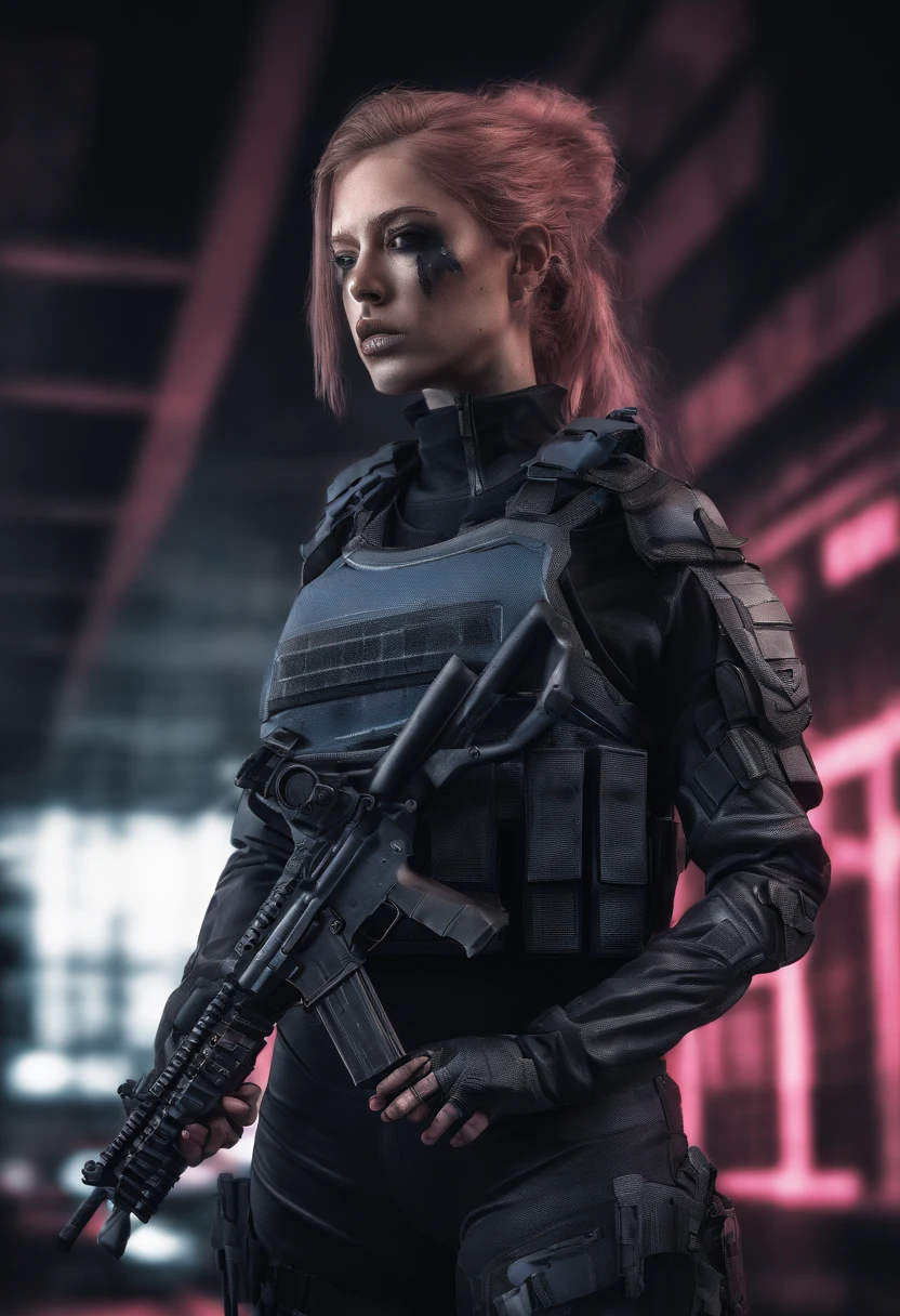 Beautiful Young Special Forces Girl, (((Blue Eyes, Brown and Pink Hair, Ponytail))), (((Wearing black special forces equipment, Body Armour, Tactical Gear, Half Face Tactical Mask))), (((Gun in hand))), full bodyshot, Cyberpunk, neonlight, Futuristic, surrealist, Red 3D, Redshift, Maxon Cinema 4D, Quaixel Megascan rendering, Doomsday colors, Red light, Futuristic, 1/3, High detail, Ultra high quality, illusory engine, 8K, LED lamps, global lighting, deep shadows, Octane Rendering, 8K, Ultra Sharp, Metal, Intricate Ornament Details, baroque details, Very intricate details, realistic light, CGSoation trend, facing the camera, neon details