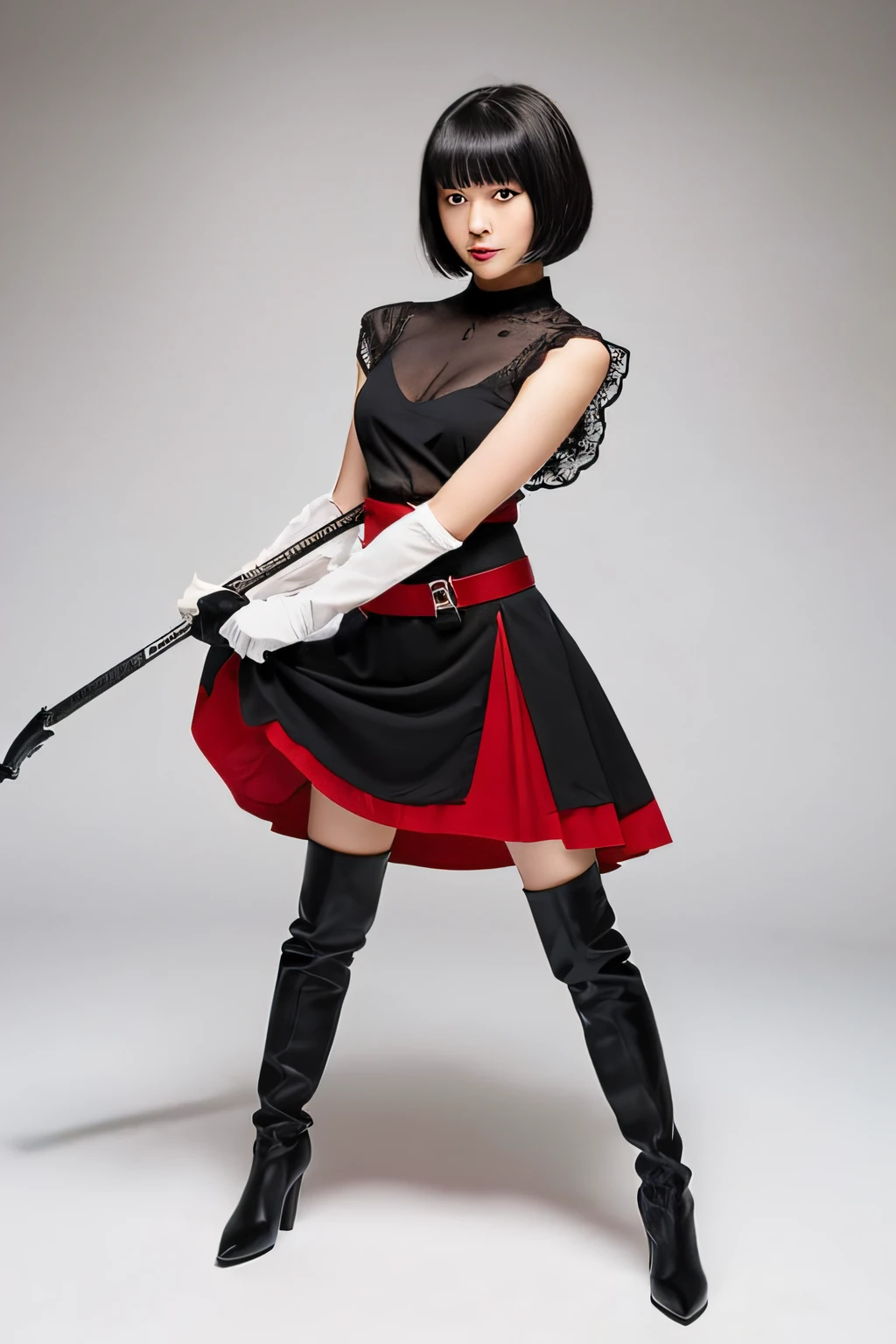 low angle. White background in studio. A villain played by a Japanese teenage actress (wavy bob, black hair), wearing a seductive villain costume (black and red, sheer skirt, boots, no sleeves), standing, holding a whip.