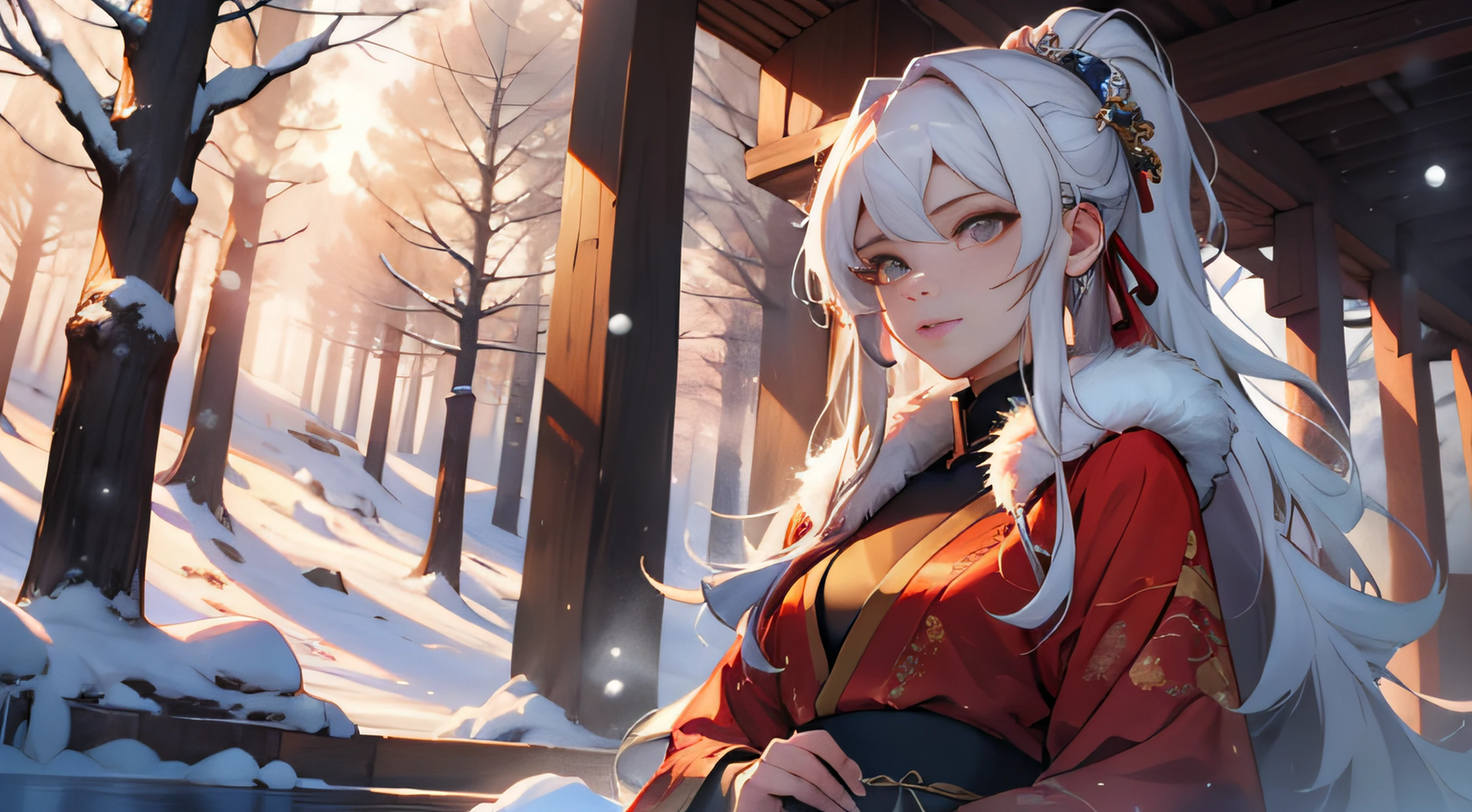 One wearing a red dress,Alpha image of a woman with flowing hair with beautiful hairstyle,palaces,A girl in Hanfu,Popular on CGstation,Guviz-style artwork,Guvitz,Popular in CGSTATION,inspired by Du Qiong,inspired by Ma Yuanyu,8K)),Cold winter,winter solstice,Wear thick clothing,There is a fur collar,nevando,Winter view,beautiful snowy landscape