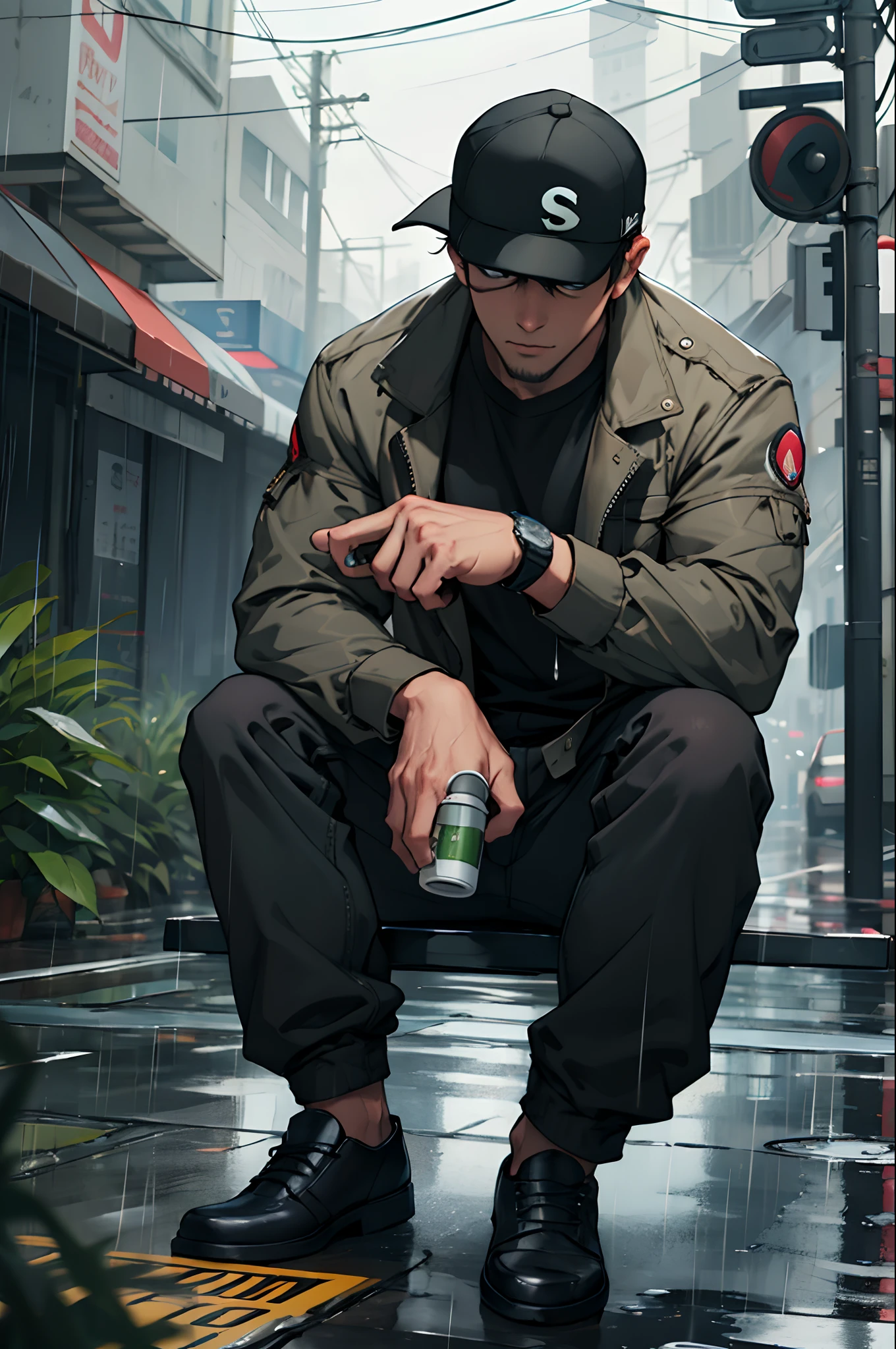 Mario holding a cup in the rain sitting down holding a gun, gangster
