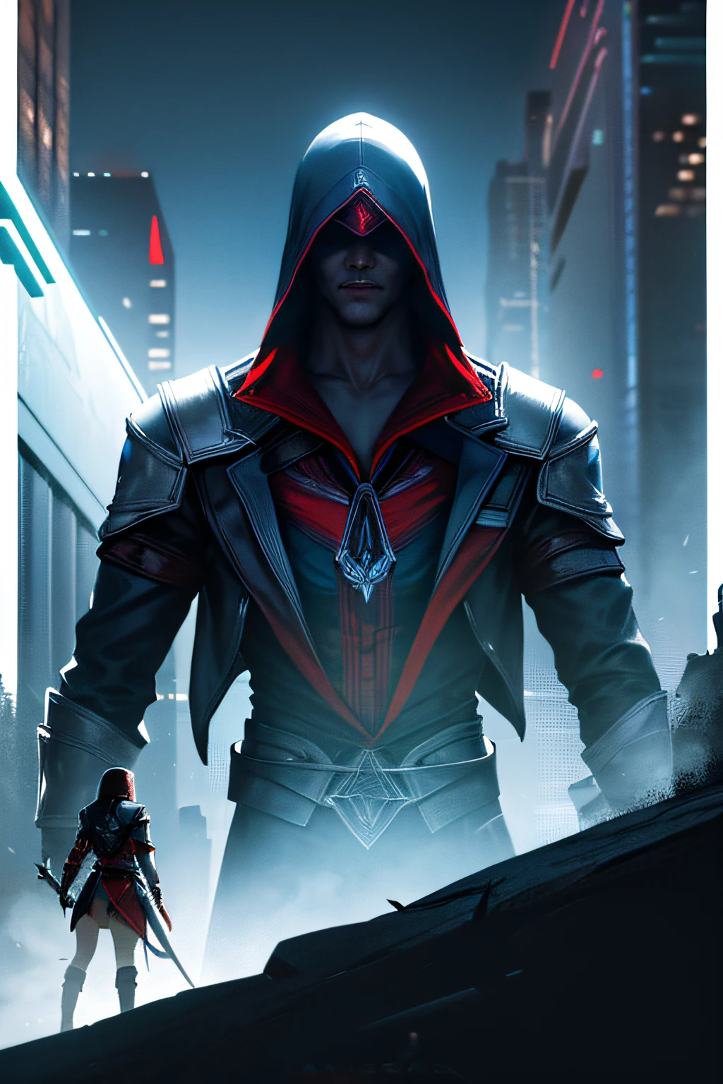 Create a unique and intriguing visual representation of the Assassin's Creed universe in a futuristic setting. Imagine uma cena em uma mega-cidade futurista, Where cyber assassins lurk in the shadows, using advanced technology to carry out covert missions. Explore the contrast between futuristic high-tech and the gloomy atmosphere of neon-lit streets. Capture the essence of stealth, of the adventure and mystery that defines the Assassin's Creed series, adapting it to a futuristic setting.