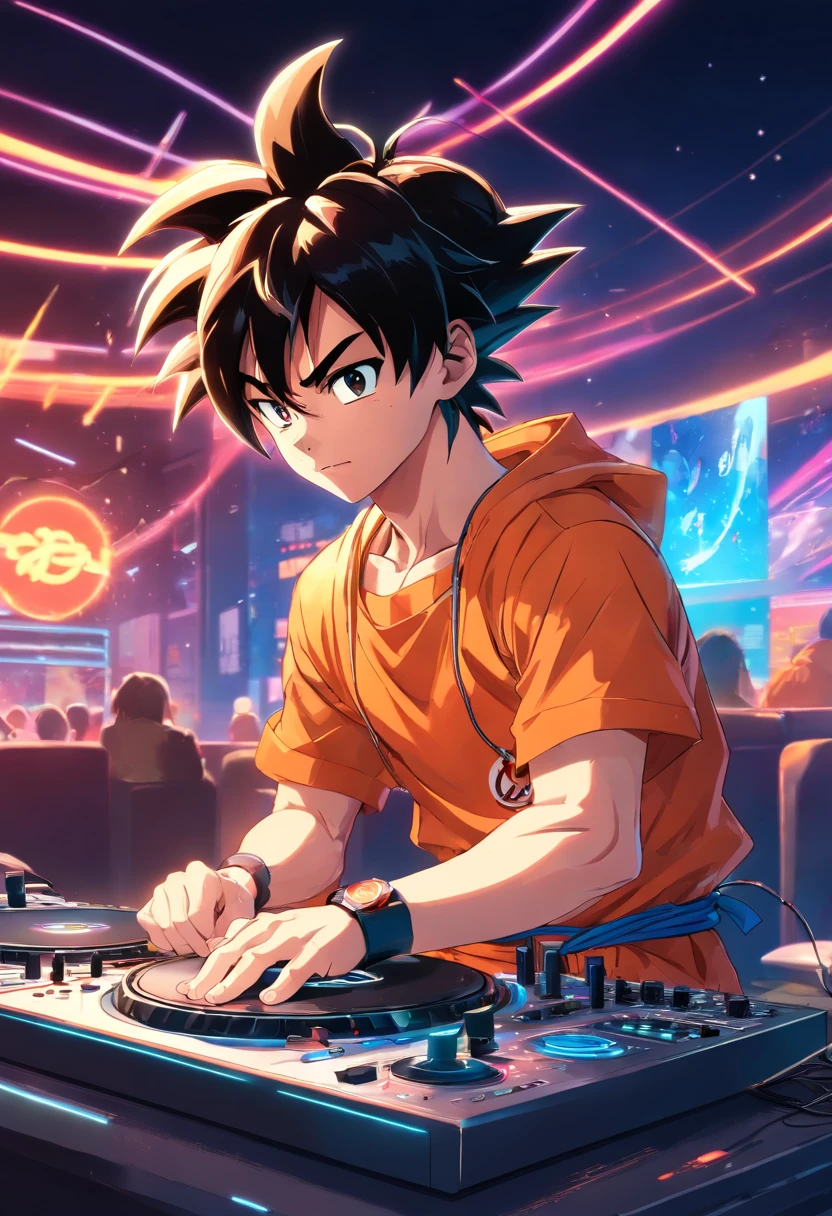 Goku from Dragonball with headphones, with a DJ table style anime