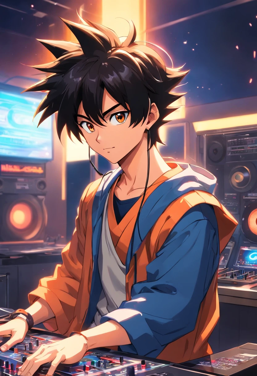 Goku from Dragonball with headphones, with a DJ table style anime