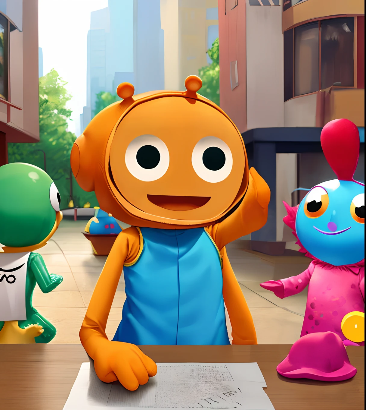 Yo gabba gabba Muno acting crazy while yo gabba gabba brobee is off to the side confused
