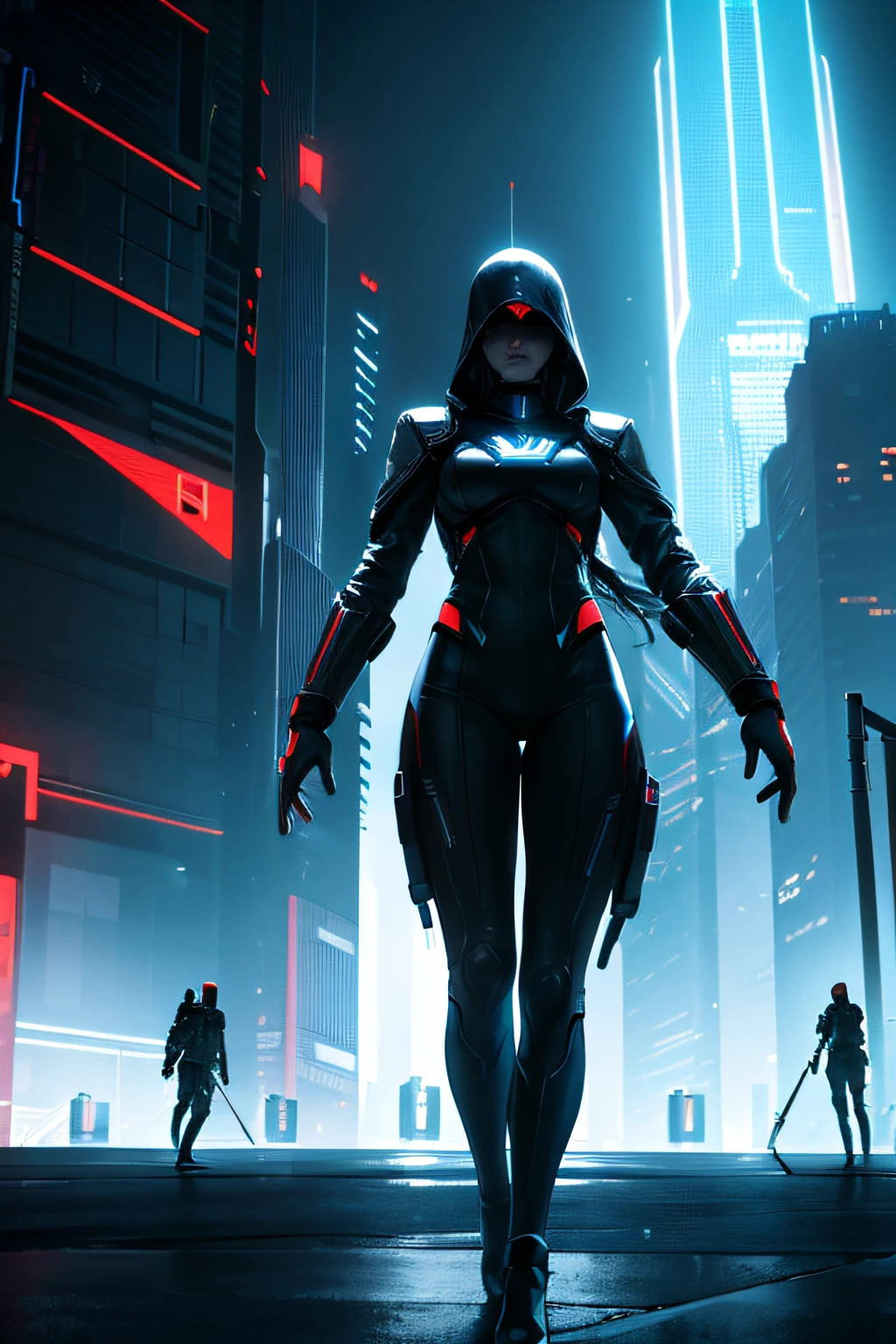 Elements to include:
- A cybernetic assassin wearing an advanced technological suit.
- Tall futuristic buildings lit up with neon lights.
- Symbols or logos related to Assassin's Creed, adaptados para o contexto futurista.
- Atmosphere of stealth and mystery.