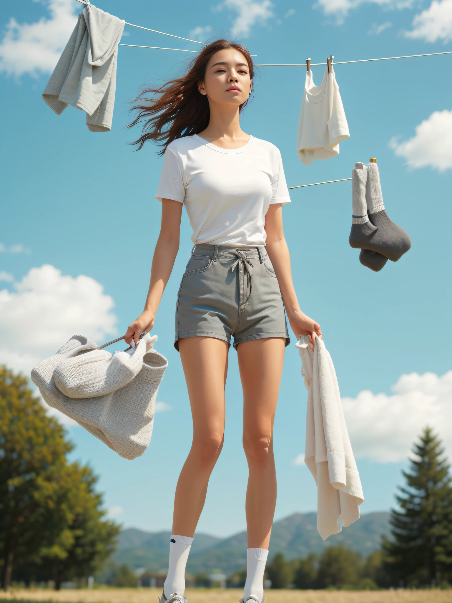 Woman against the wind, holding well-designed white and gray socks, hanging on clothesline