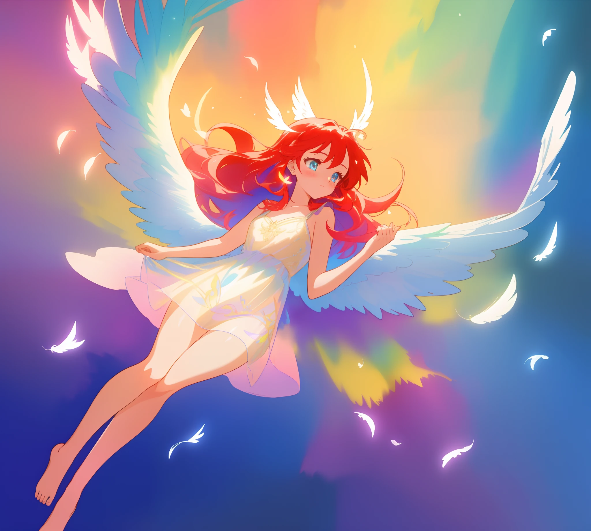 beautiful angel girl barefoot in shimmering long colorful dress, shimmering sheer dress with flowing skirt, ((colorful angel wings)), vibrant pastel colors, long flowing red hair, colorful fantasia background, watercolor illustration, beautiful, masterpiece, best quality, beautiful face, ((angel)), ((angel wings)), sharp focus, intricate details, beautiful anime girl, golden ratio, perfect composition