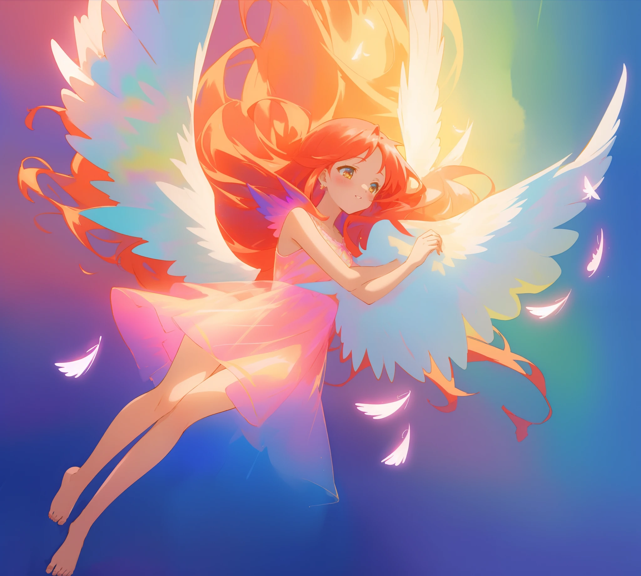 beautiful angel girl barefoot in shimmering long colorful dress, shimmering sheer dress with flowing skirt, ((colorful angel wings)), vibrant pastel colors, long flowing red hair, colorful fantasia background, watercolor illustration, beautiful, masterpiece, best quality, beautiful face, ((angel)), ((angel wings)), sharp focus, intricate details, beautiful anime girl, golden ratio, perfect composition