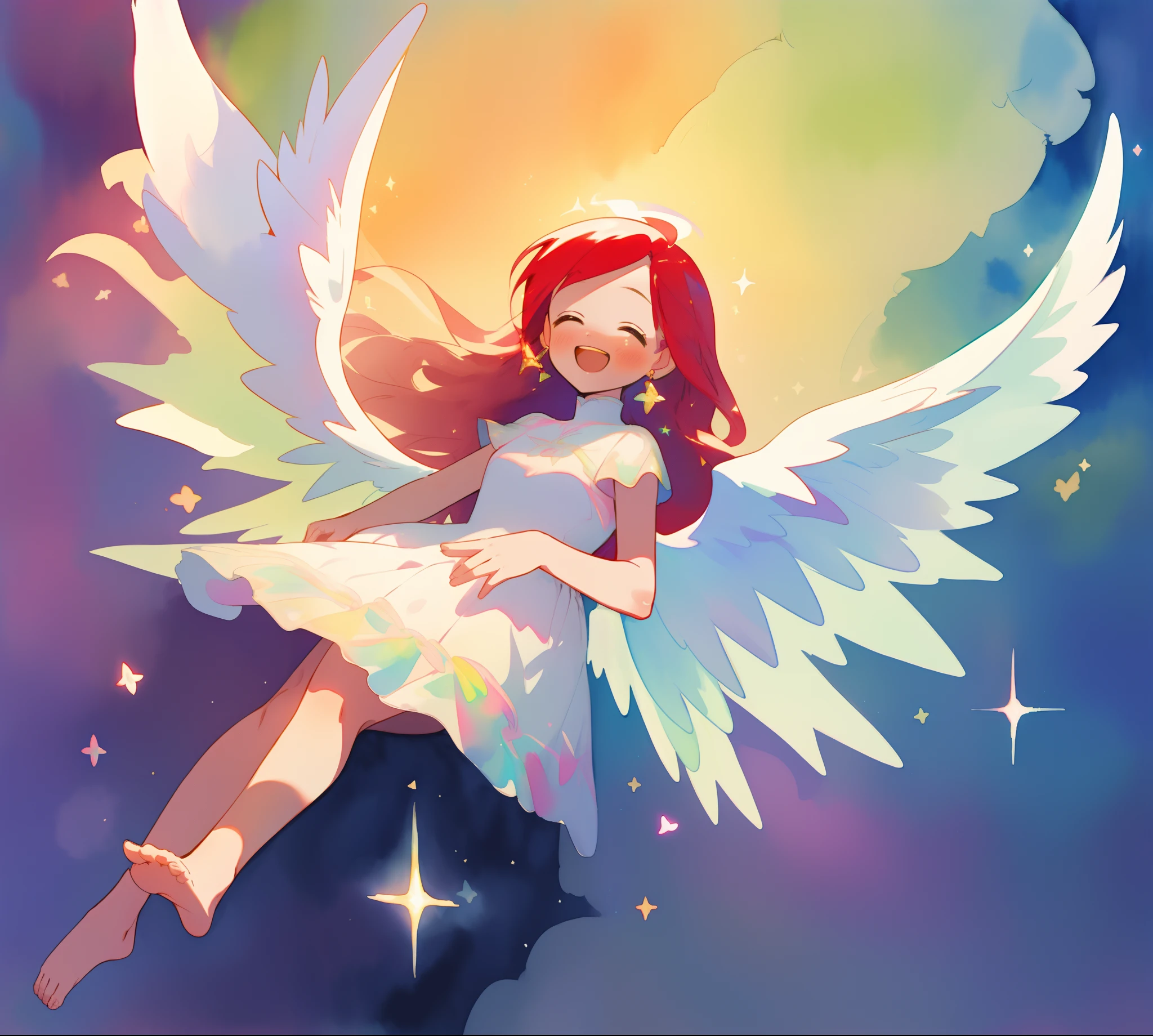 beautiful angel girl barefoot in shimmering sparkling dress, ((colorful angel wings)), vibrant pastel colors, long flowing red hair, colorful fantasia background, watercolor illustration, beautiful, masterpiece, best quality, beautiful face, ((angel)), ((angel wings)), golden ratio, cute, whimsical, fantasy, playful, happy