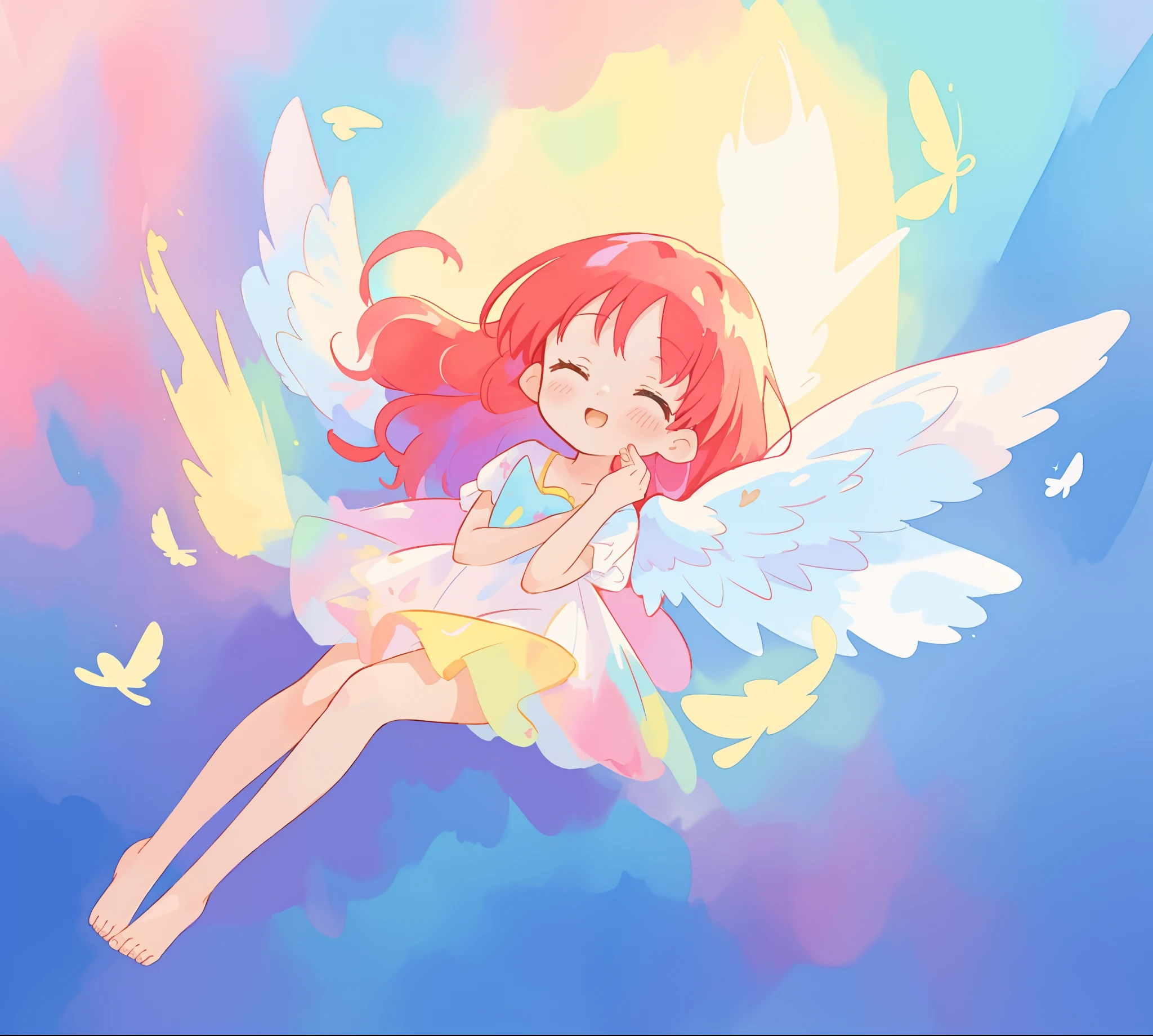 beautiful angel girl barefoot in shimmering long colorful dress, ((colorful angel wings)), vibrant pastel colors, long flowing red hair, colorful fantasia background, watercolor illustration, disney art style, beautiful digital illustration, beautiful, masterpiece, best quality, anime disney style, beautiful face, ((angel)), ((angel wings))